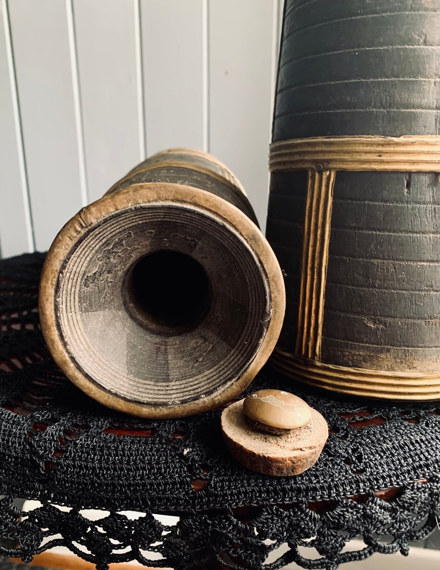 Antique Nepalese Wooden Bottles with Brass Detailing – Decorative Pair