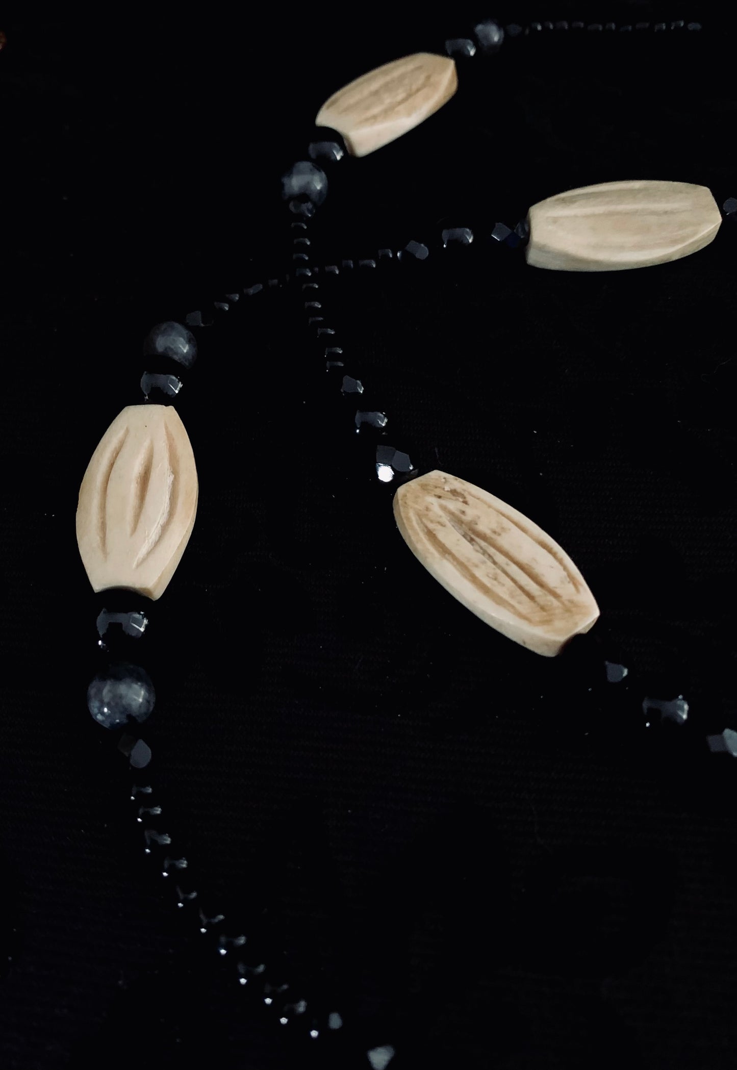 ‘Witching hour’ Clear quartz, handcarved bone beads & Larvikite.