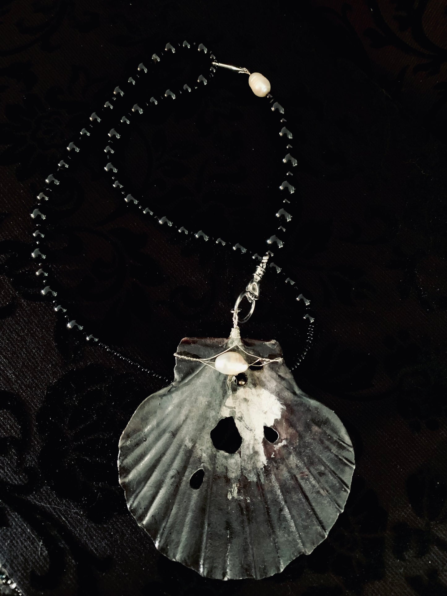 Sterling Silver, Freshwater Pearls & Black Seashell beaded necklace.