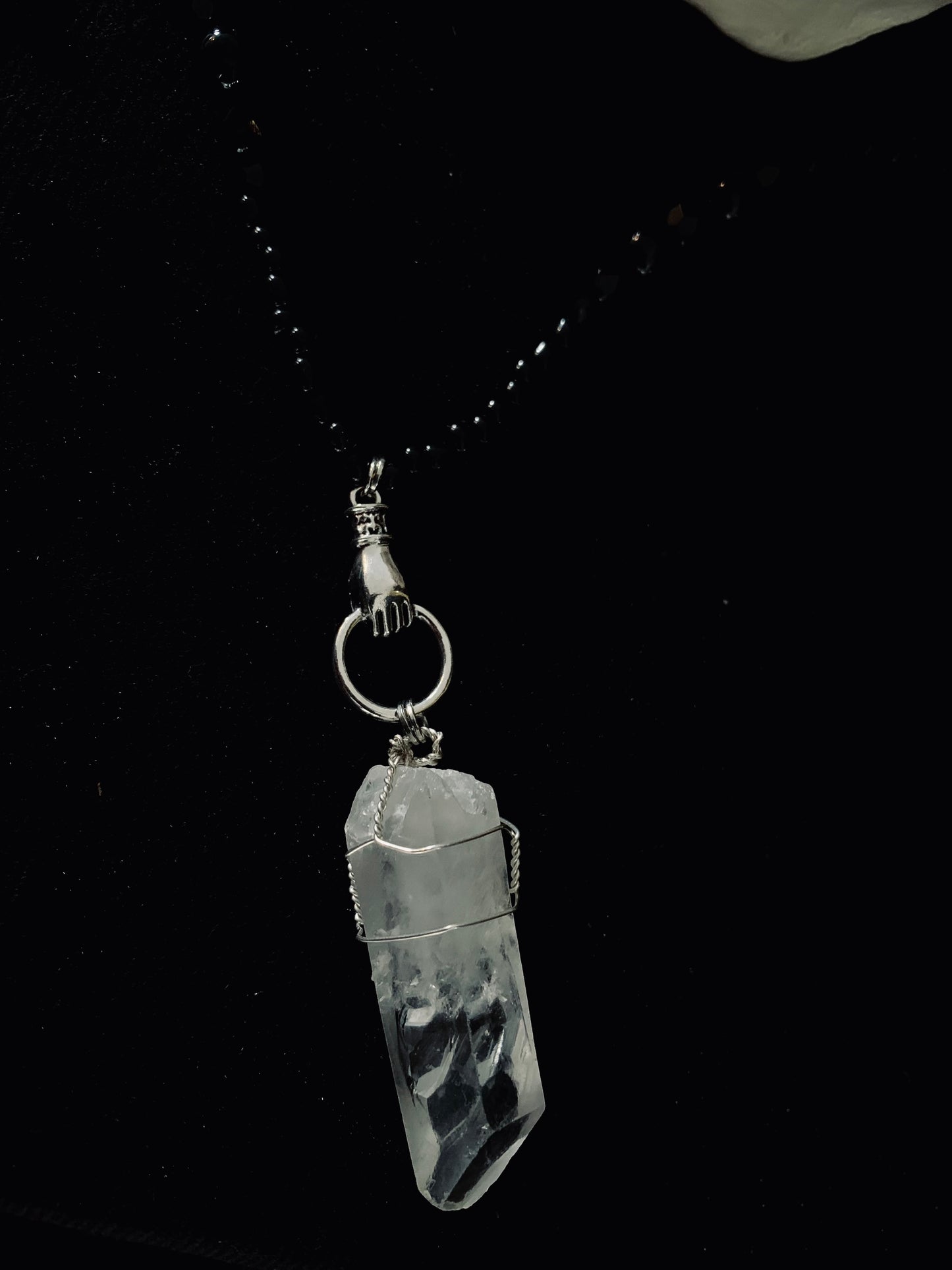 ‘Witching hour’ Clear quartz, handcarved bone beads & Larvikite.