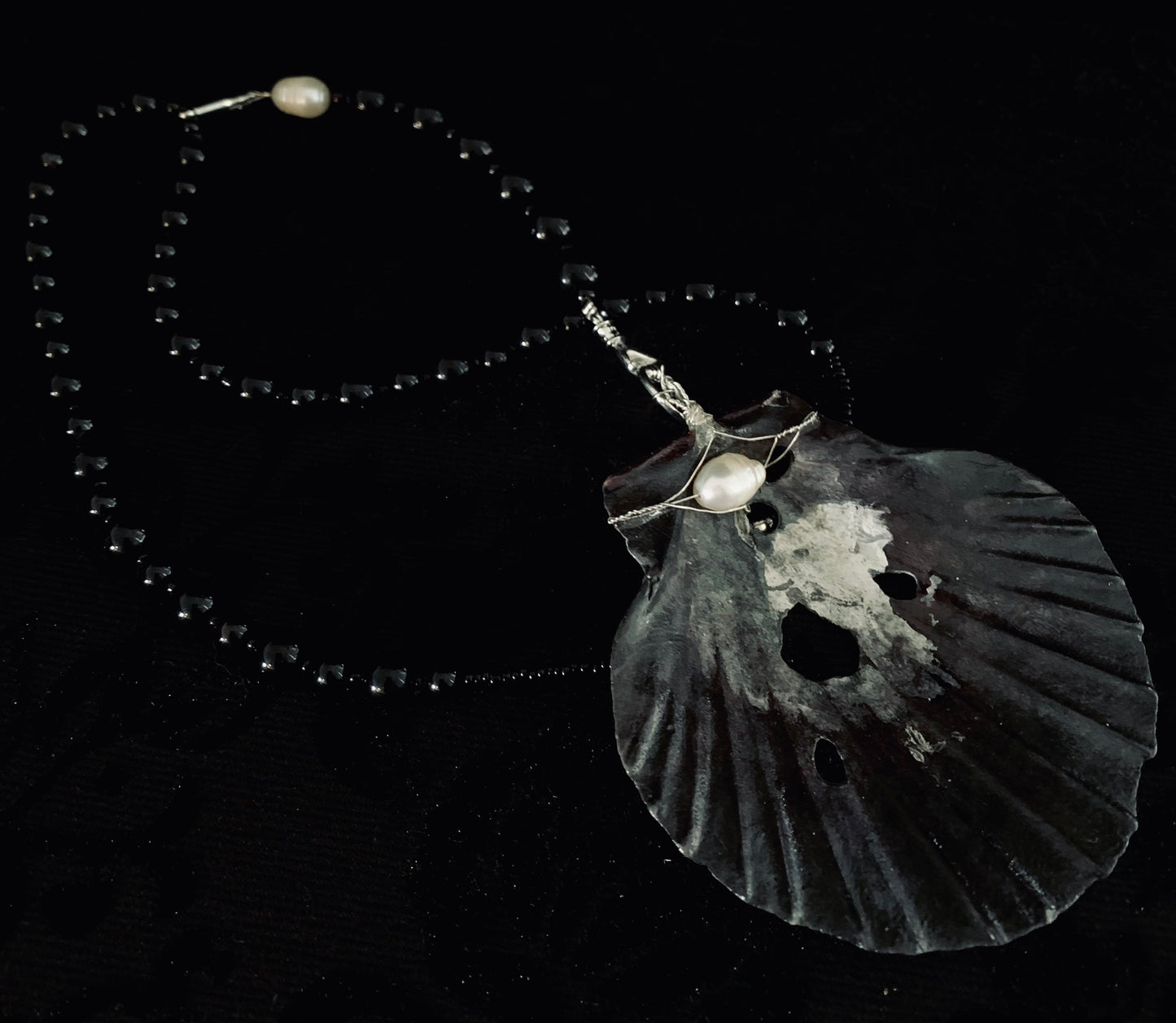 Sterling Silver, Freshwater Pearls & Black Seashell beaded necklace.