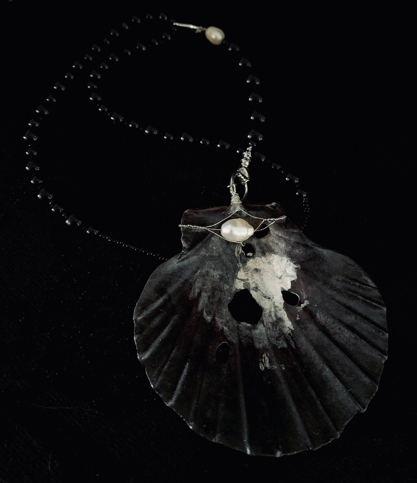Sterling Silver, Freshwater Pearls & Black Seashell beaded necklace.