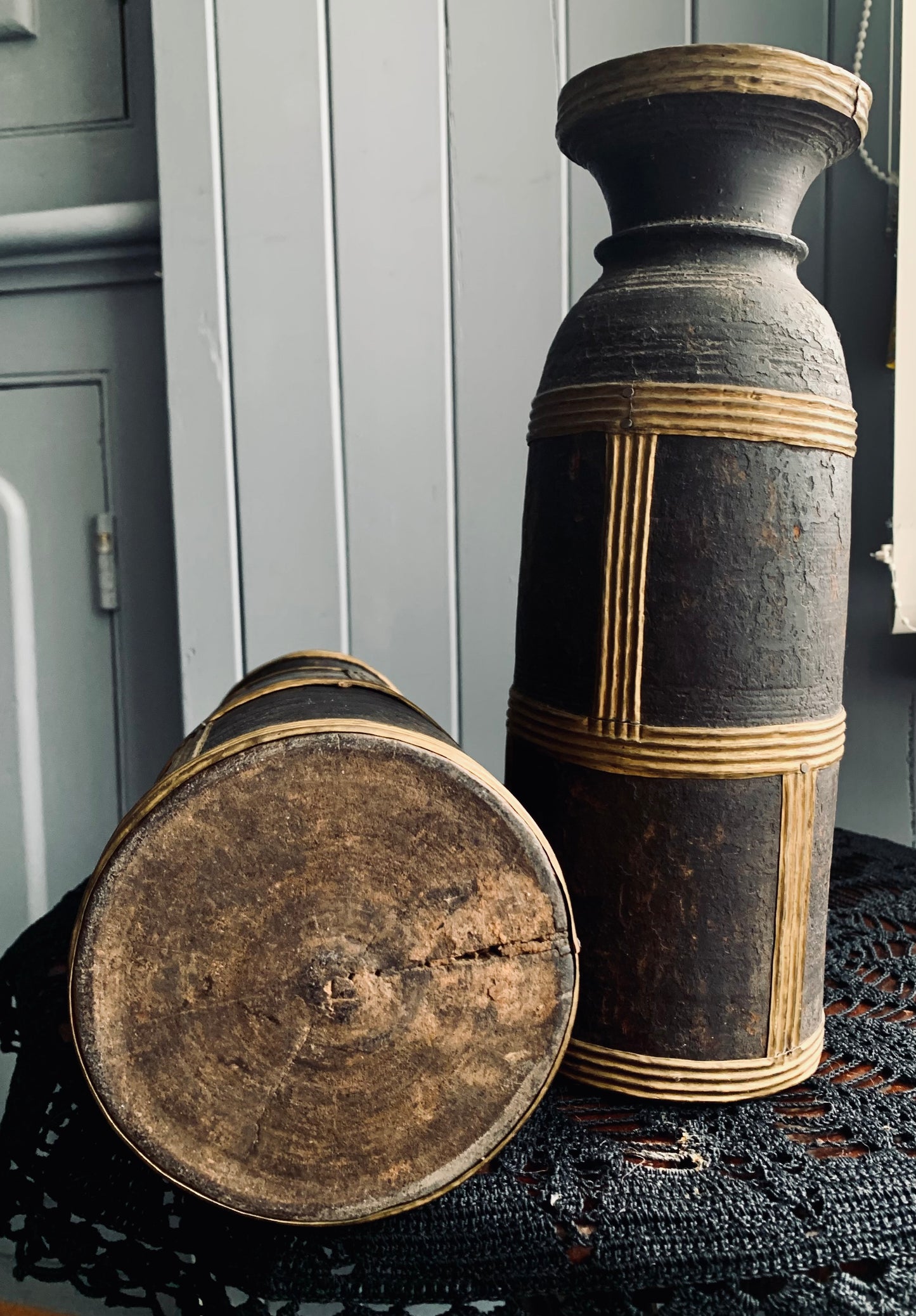 Antique Nepalese Wooden Bottles with Brass Detailing – Decorative Pair
