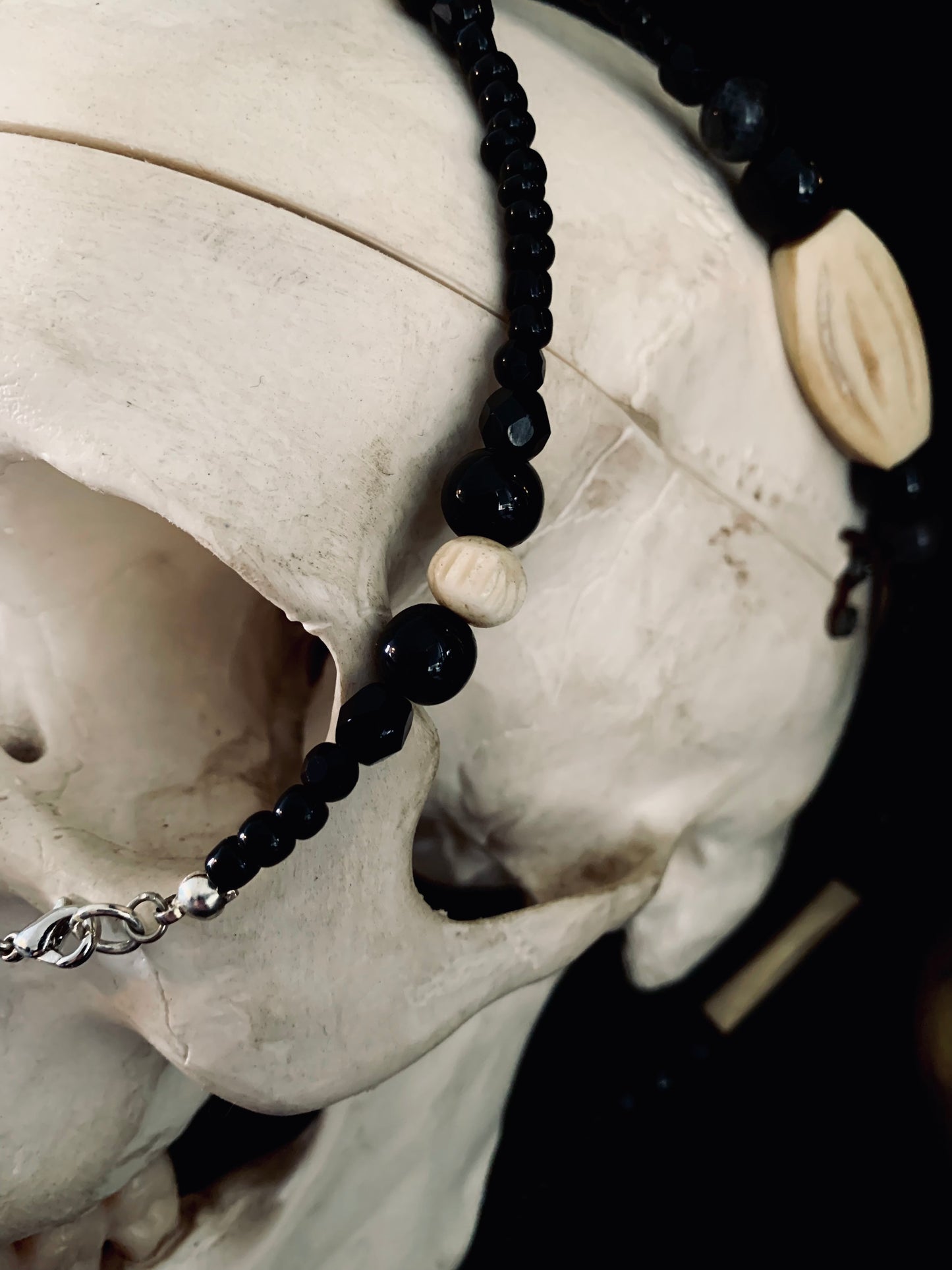 ‘Witching hour’ Clear quartz, handcarved bone beads & Larvikite.