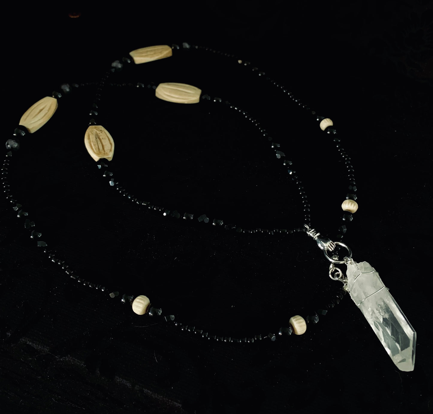 ‘Witching hour’ Clear quartz, handcarved bone beads & Larvikite.
