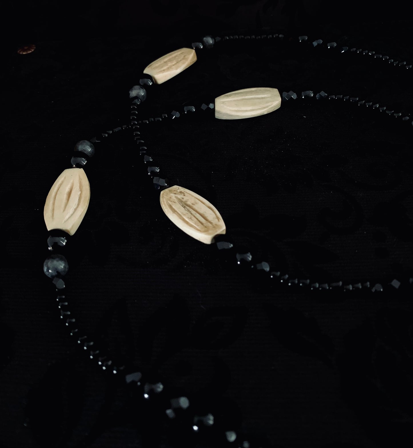 ‘Witching hour’ Clear quartz, handcarved bone beads & Larvikite.