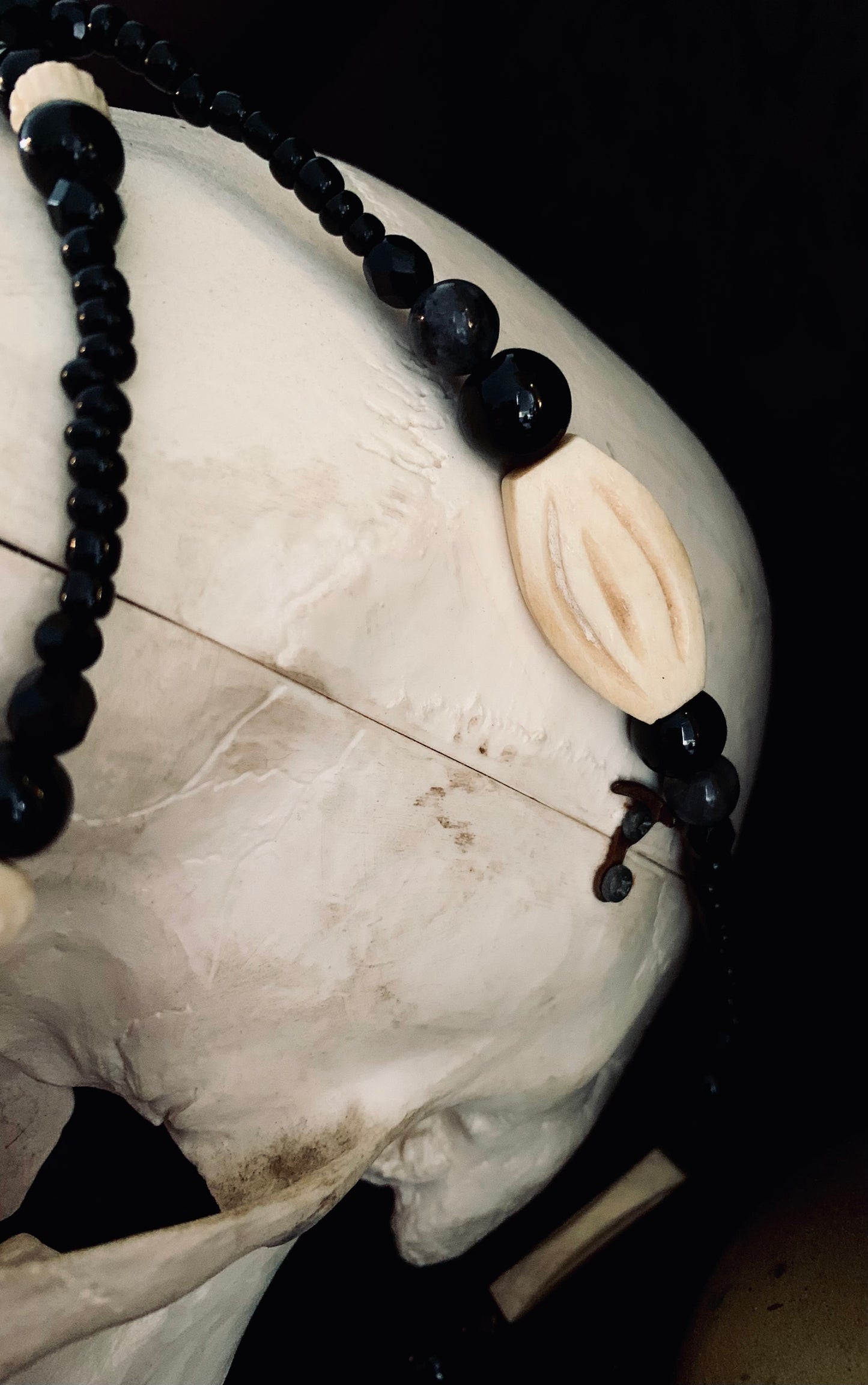 ‘Witching hour’ Clear quartz, handcarved bone beads & Larvikite.