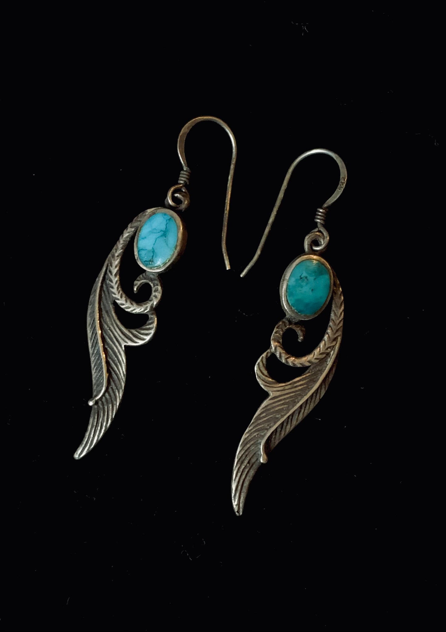 Vintage Sterling Silver & Turquoise Earrings – Feather Detail Boho Dangle