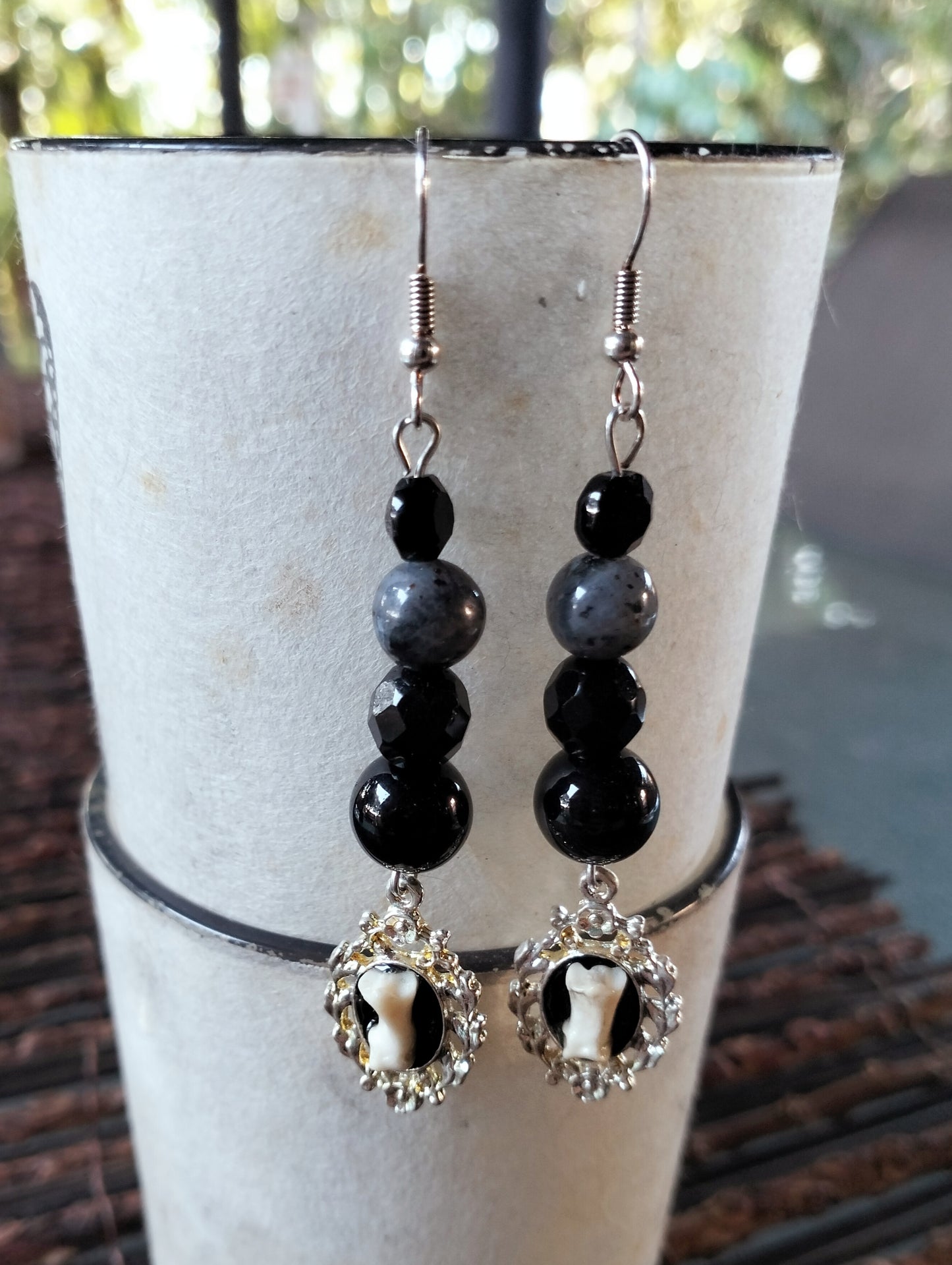 Cat Toe Bones + Larvikite & Black Crystal Earrings