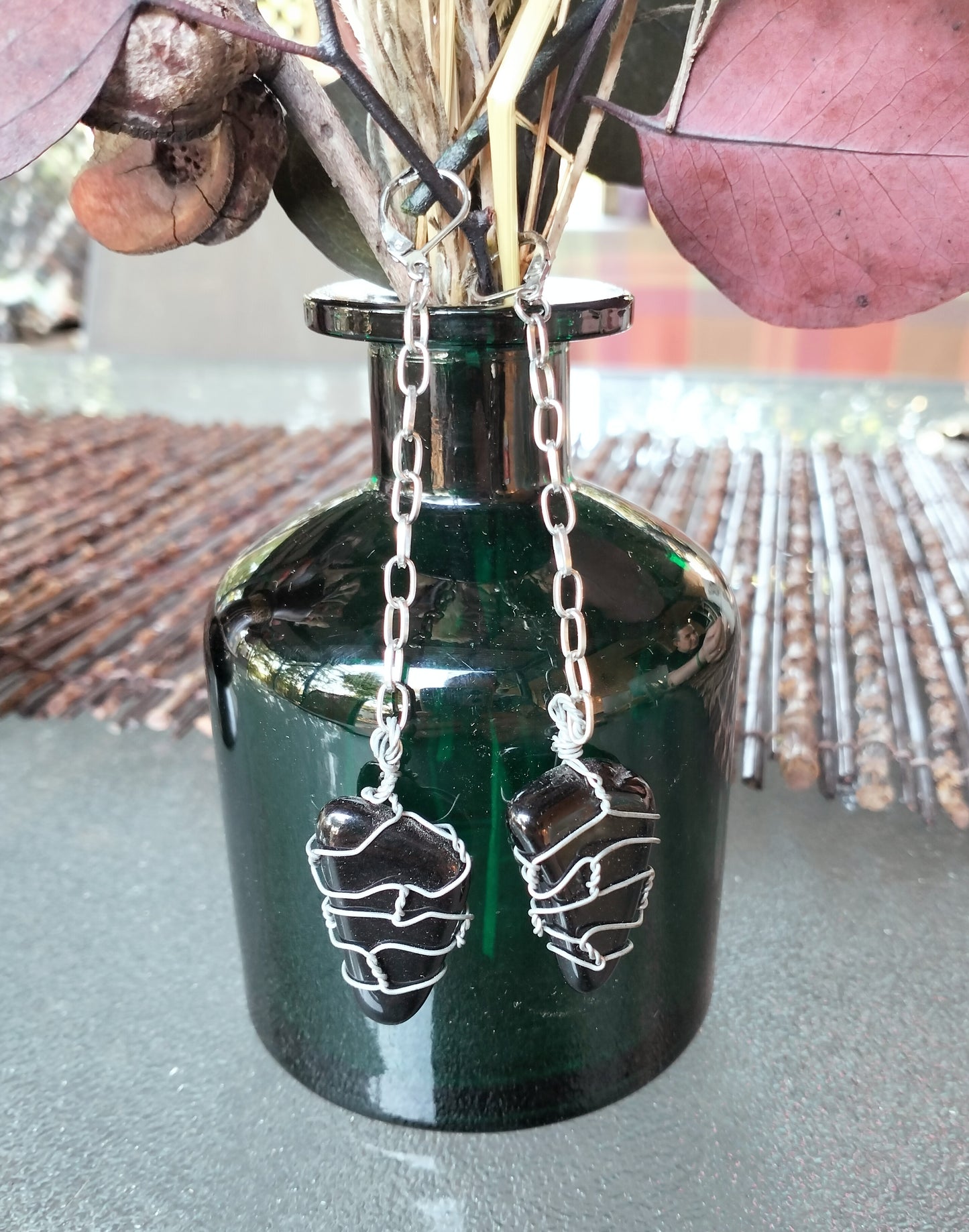 Wire-wrapped Obsidian Earrings