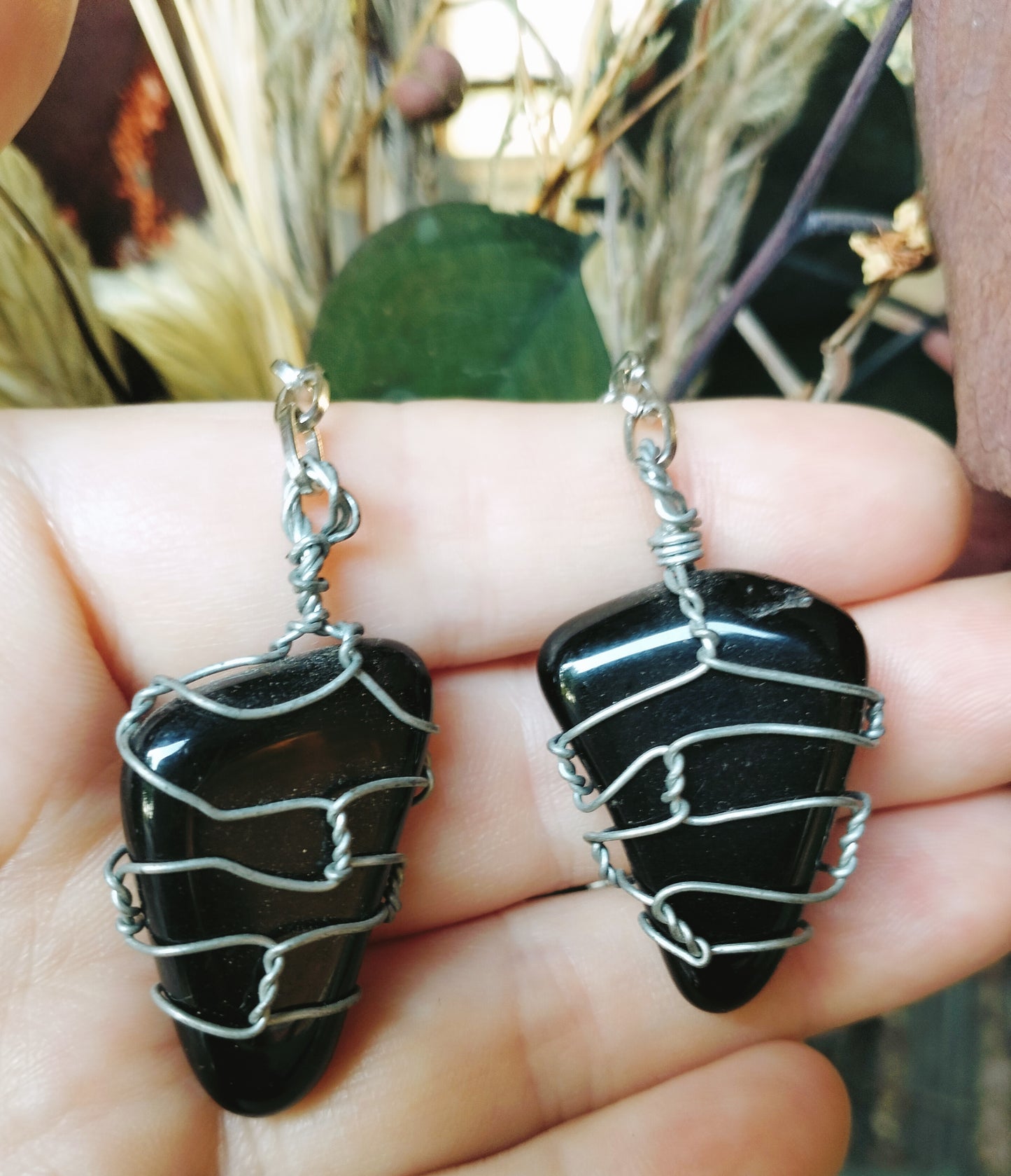 Wire-wrapped Obsidian Earrings