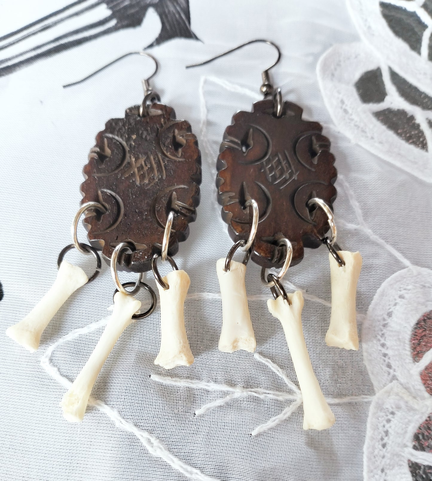 Fox Bone & Buffalo Horn Hand Carved Earrings