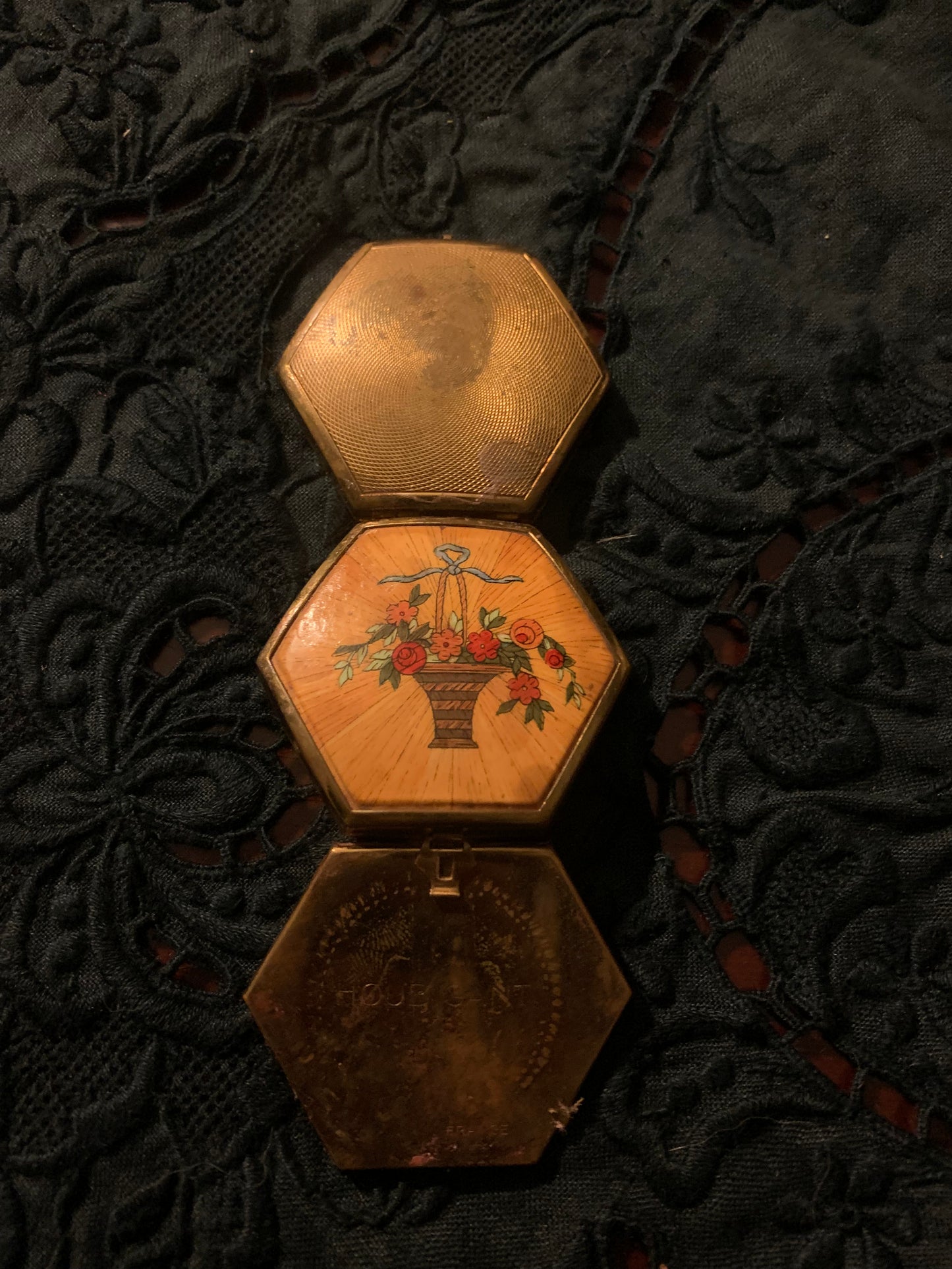 Antique Houbigant France Double Compact – Art Deco Enamel Floral Hexagon (1920s–1930s)