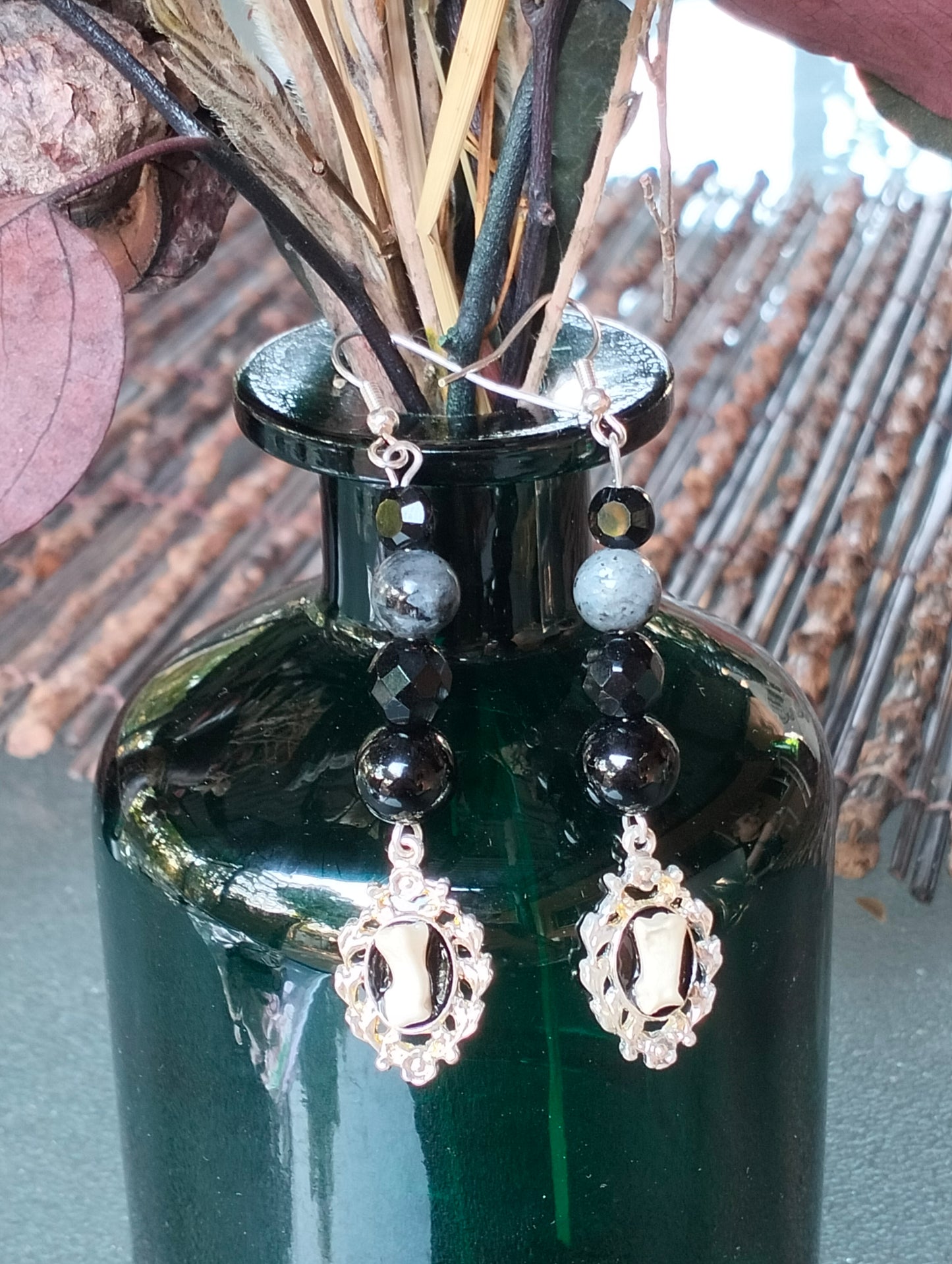 Cat Toe Bones + Larvikite & Black Crystal Earrings