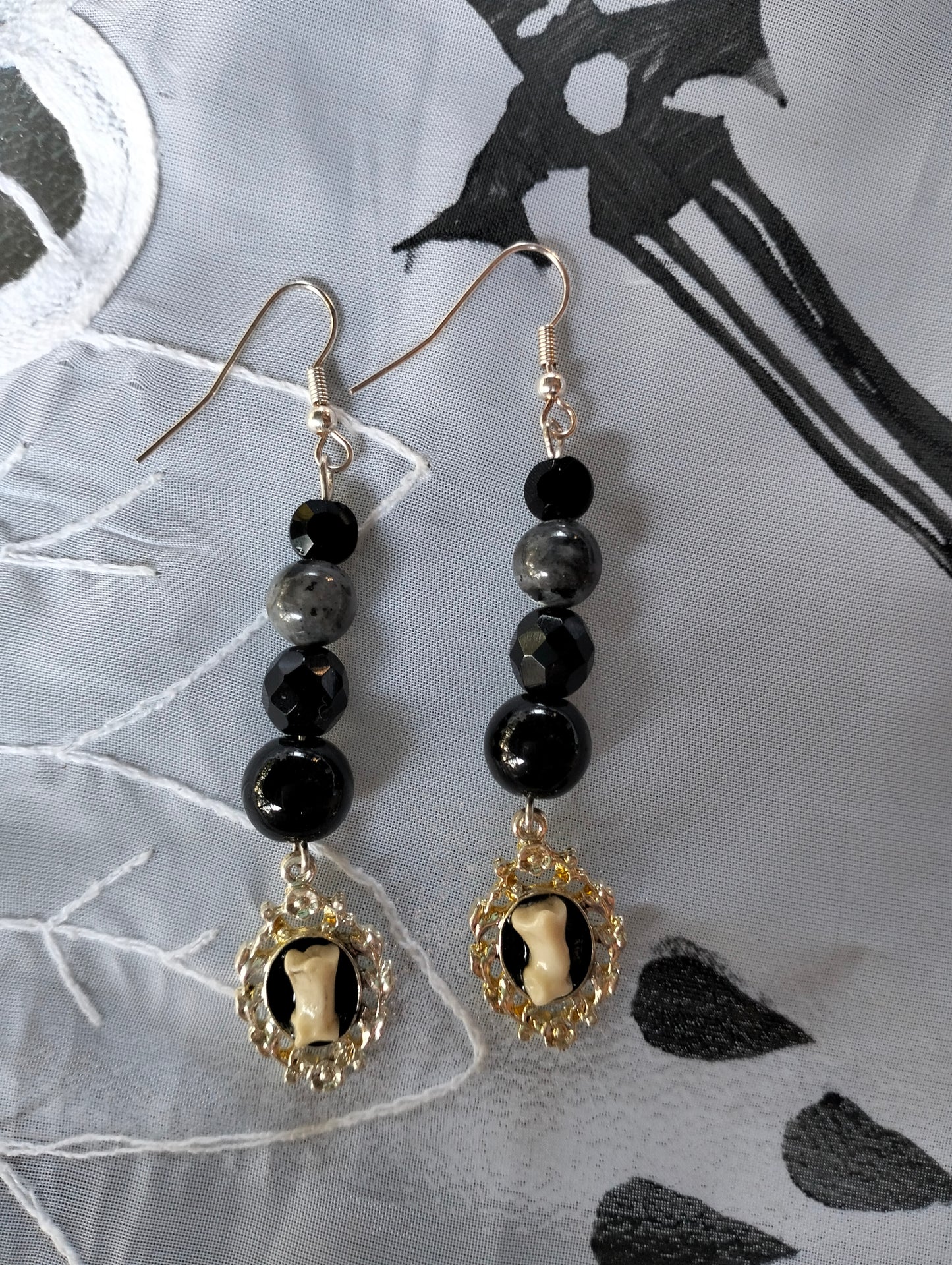 Cat Toe Bones + Larvikite & Black Crystal Earrings