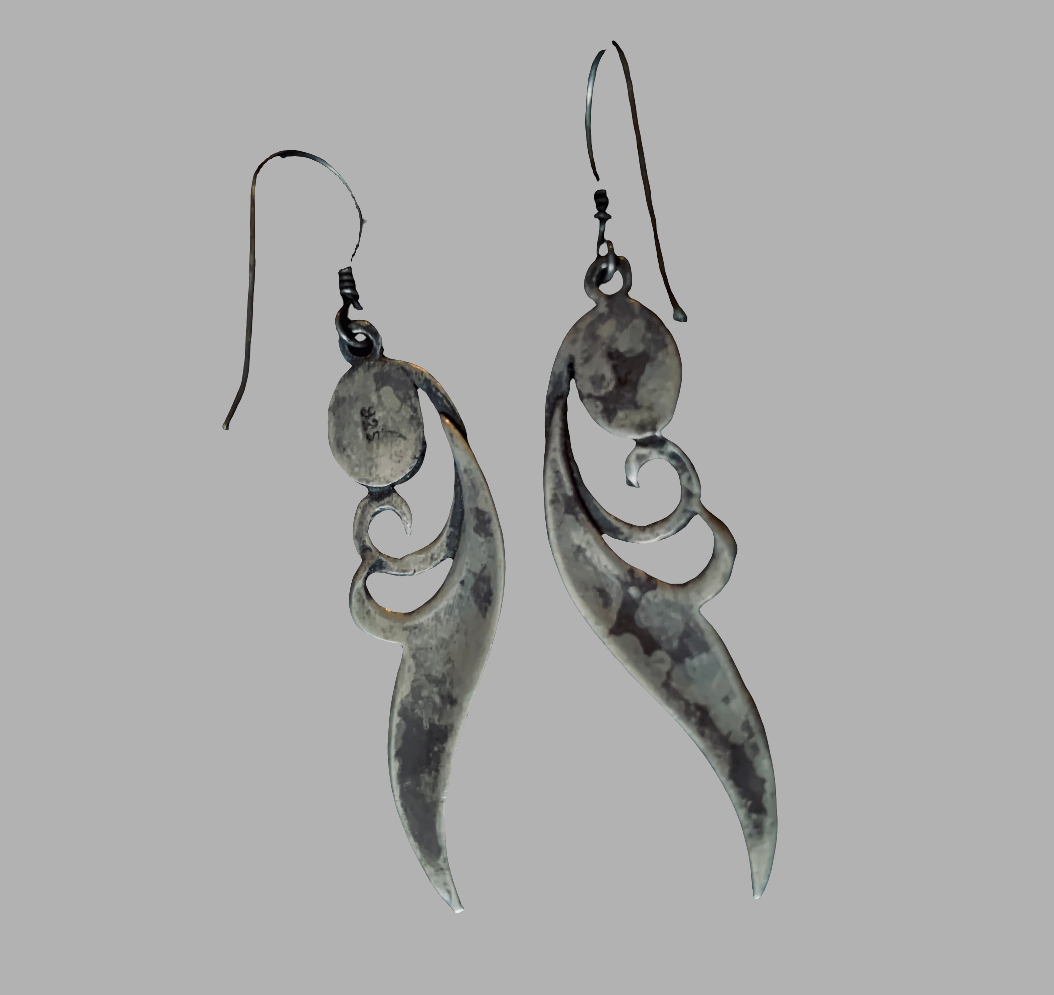Vintage Sterling Silver & Turquoise Earrings – Feather Detail Boho Dangle