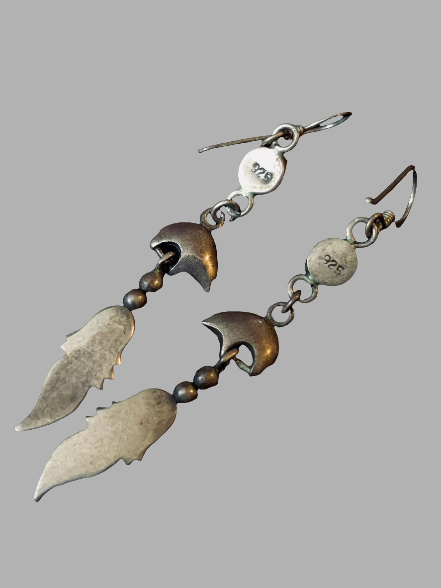 Vintage Sterling Silver Bear & Feather Earrings