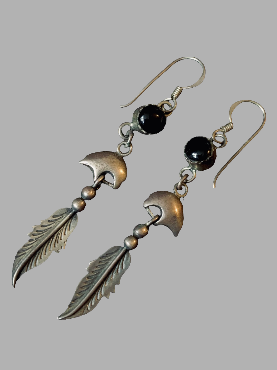 Vintage Sterling Silver Bear & Feather Earrings