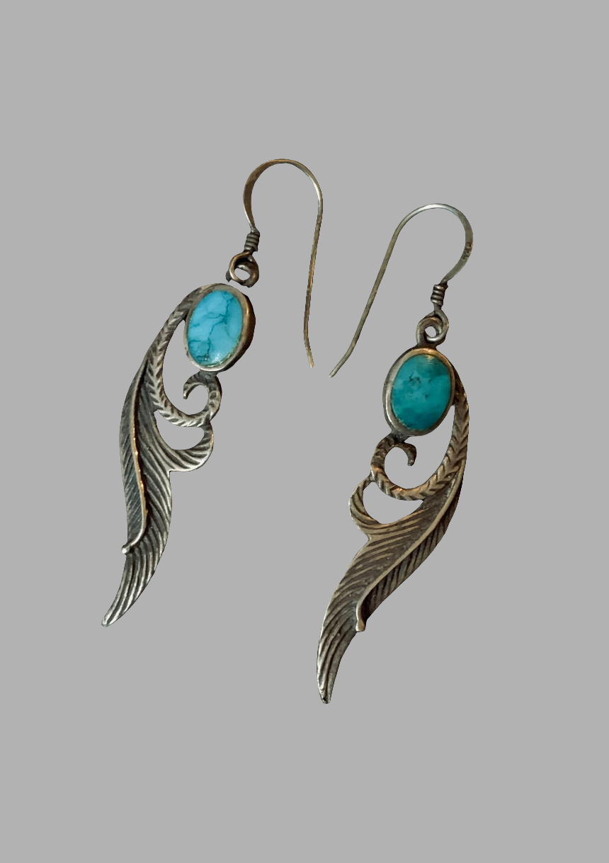 Vintage Sterling Silver & Turquoise Earrings – Feather Detail Boho Dangle