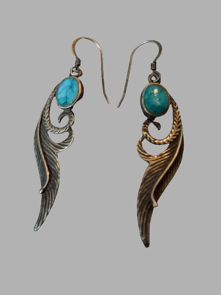 Vintage Sterling Silver & Turquoise Earrings – Feather Detail Boho Dangle