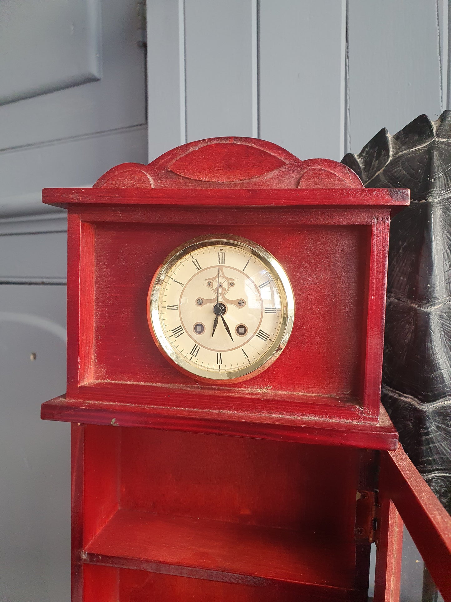 Miniature Grandfather Clock Display Cabinet – Faux Clock Tea Chest | Curiosity Shelf | Red Mahogany Finish