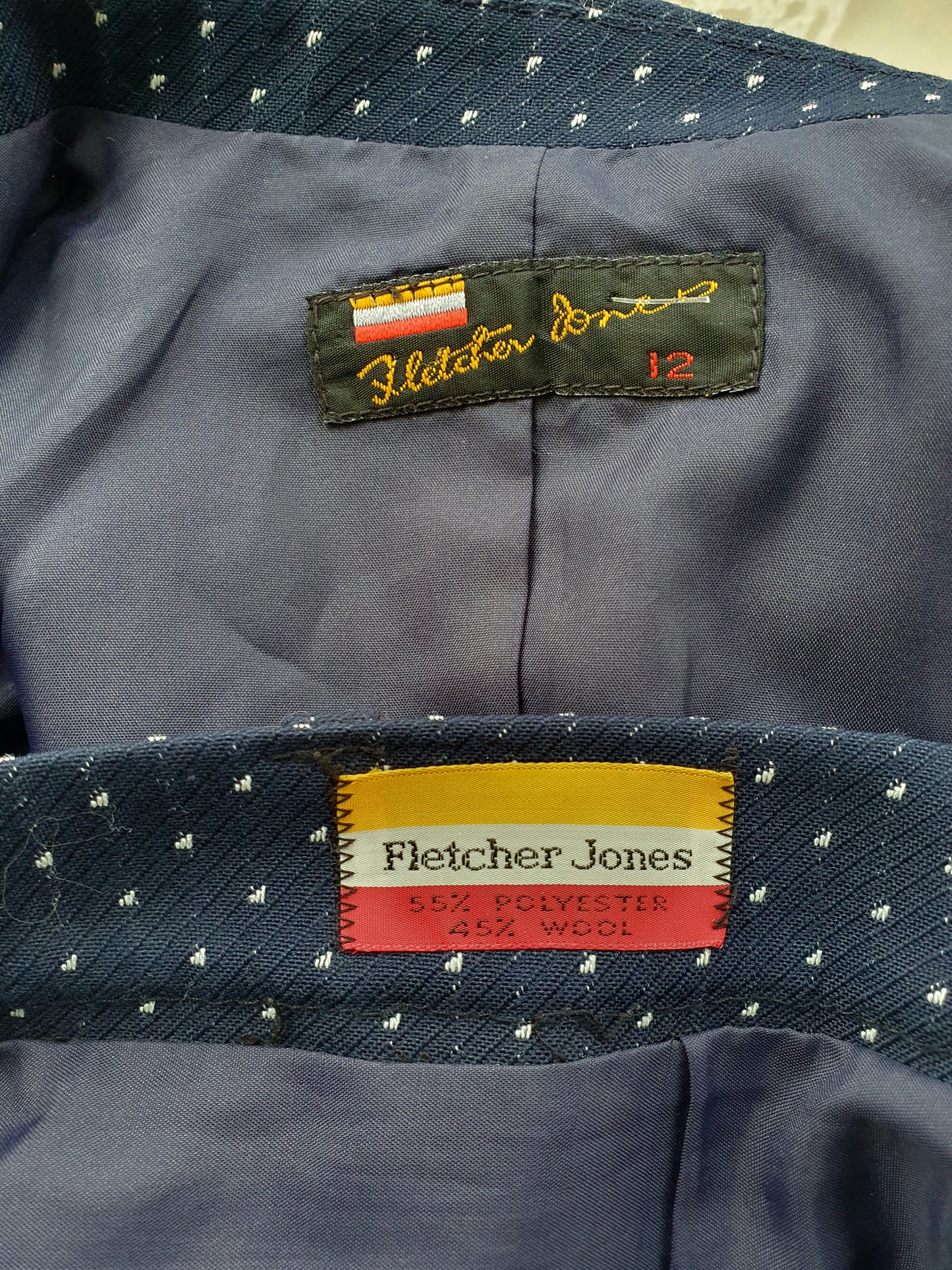 Late 80s/Early 90s Fletcher Jones Navy Polka Dot Wool Blend Skirt Suit – AU 12