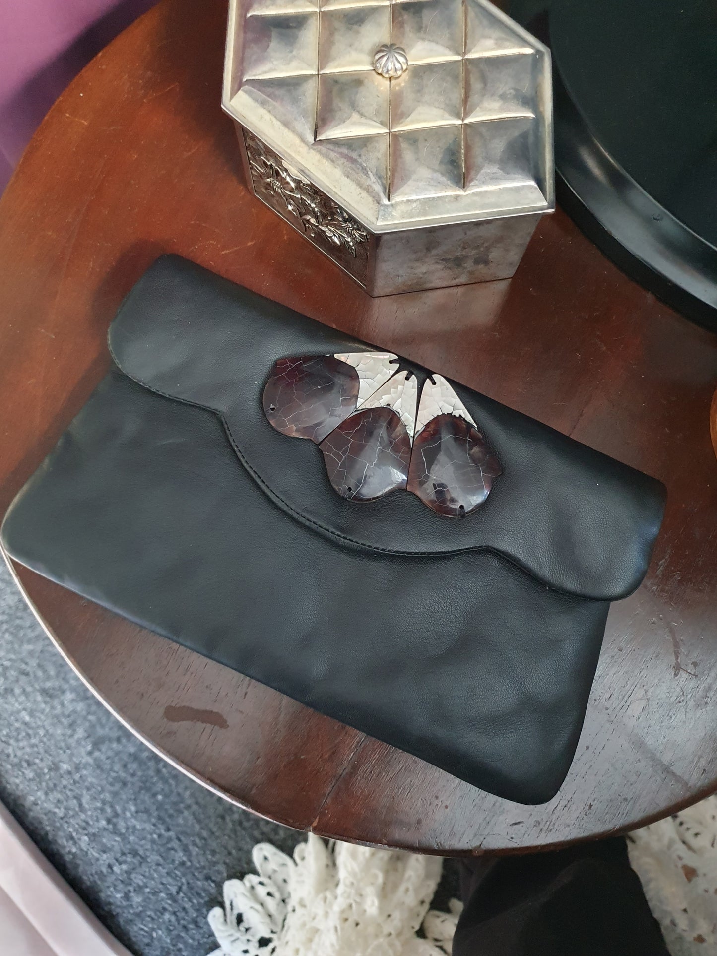 Luisa Clare Vintage Black Leather Clutch – Cracked Mother of Pearl Butterfly Inlay