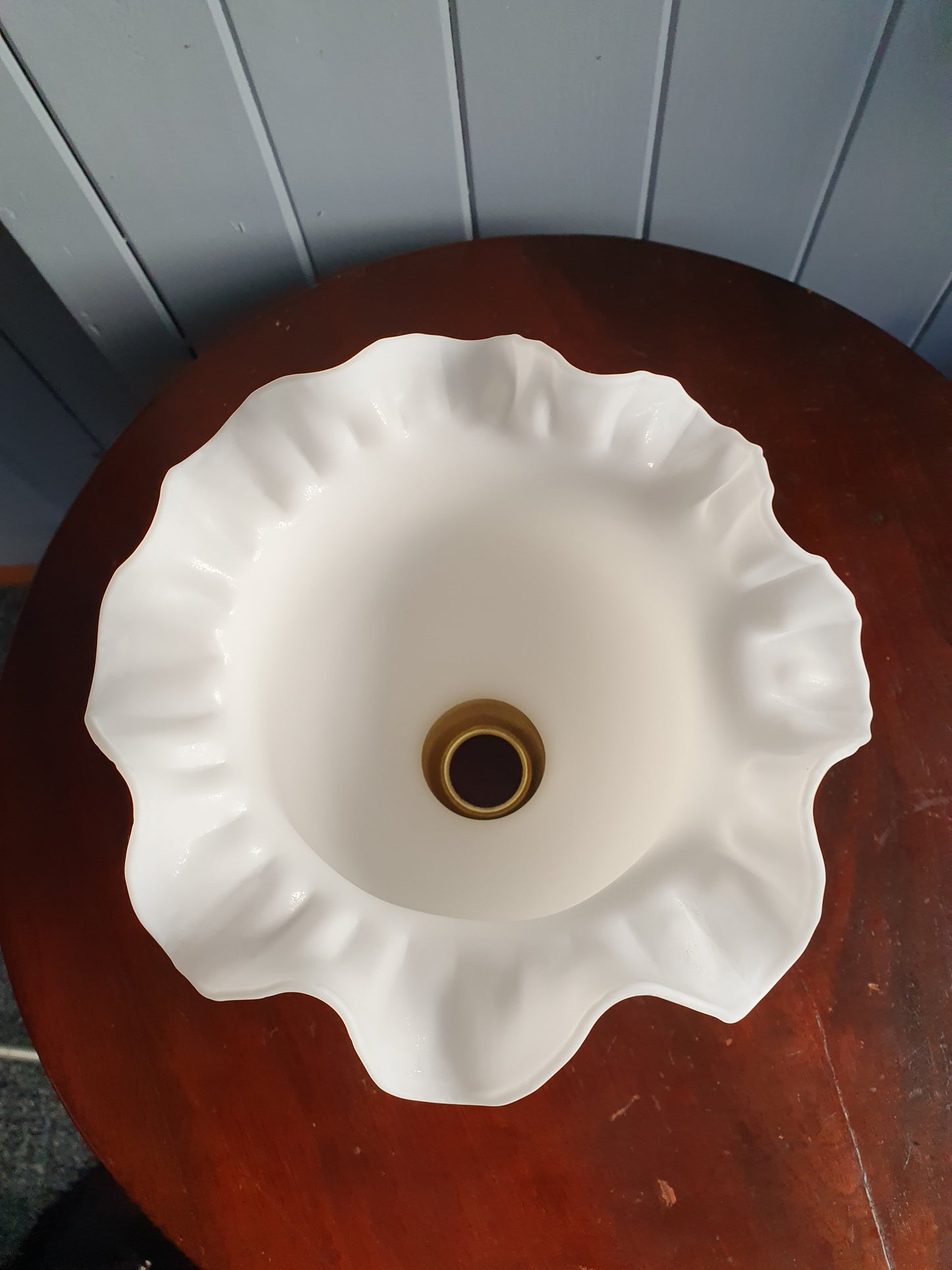 Vintage Ruffled Glass Lamp Shade Pair – 1980s Matte White with Brass Fittings