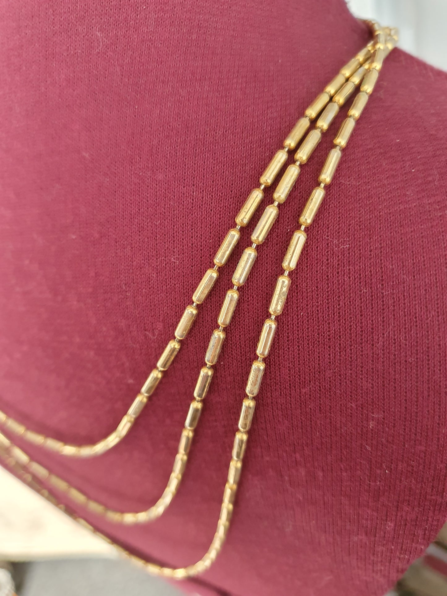 1950s Triple Strand Gold-Tone Necklace – Vintage Layered Beads