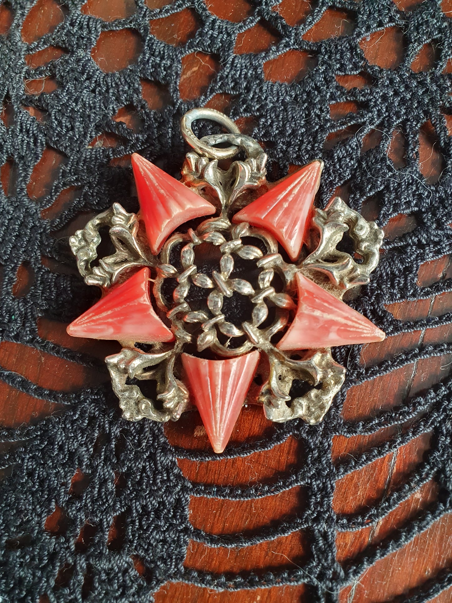 Vintage Gothic Revival Pendant – Red Celluloid & Ornate Silver-Tone Filigree | Mid-Century Costume Jewelry