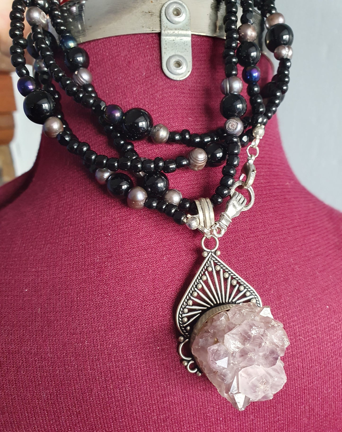 Sterling silver Amethyst cluster with freshwater purple pearls