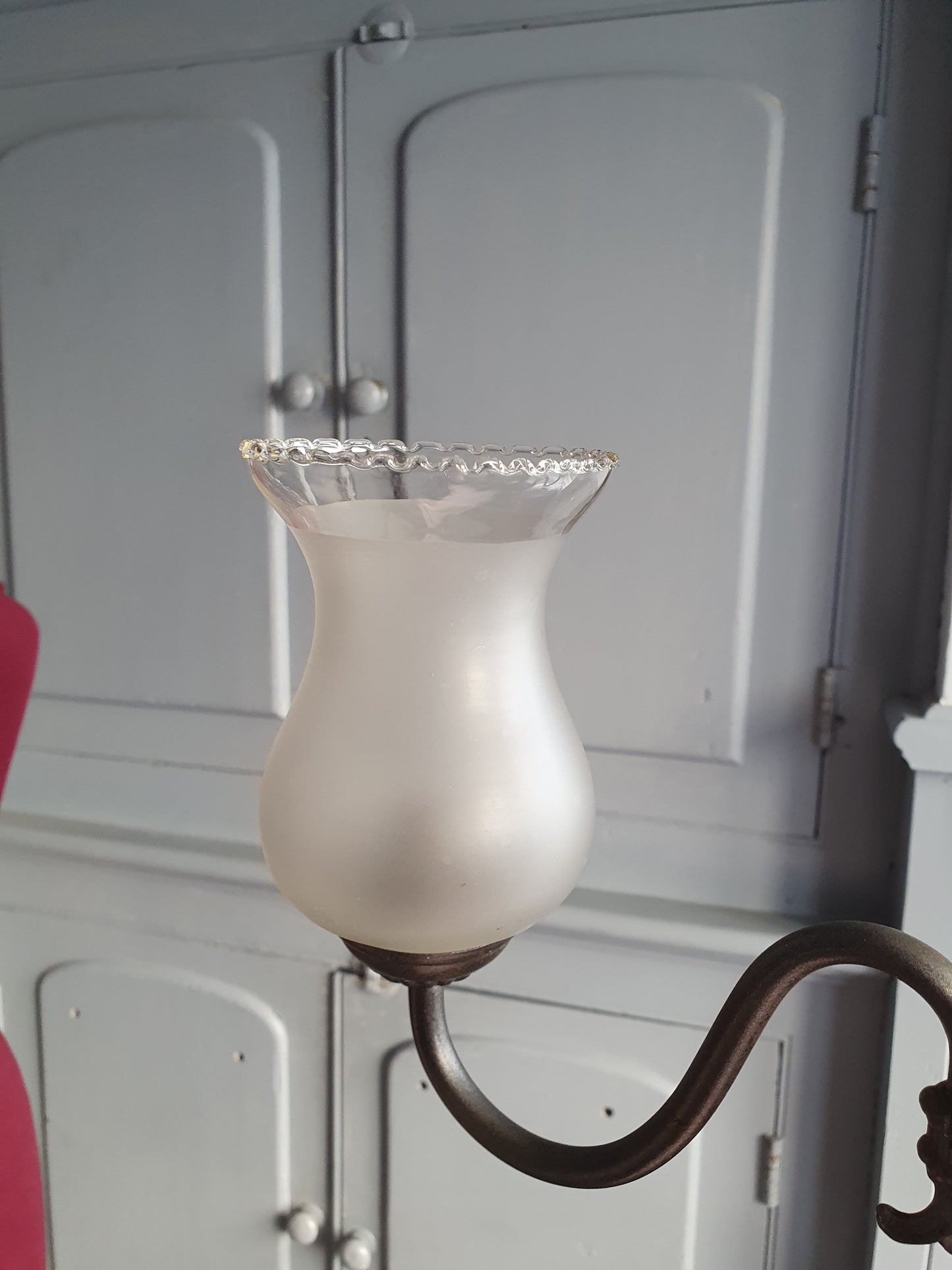 Vintage 3-Arm Brass Chandelier with Pewter Finish & Frosted Tulip Shades – Colonial Revival (60cm Drop)