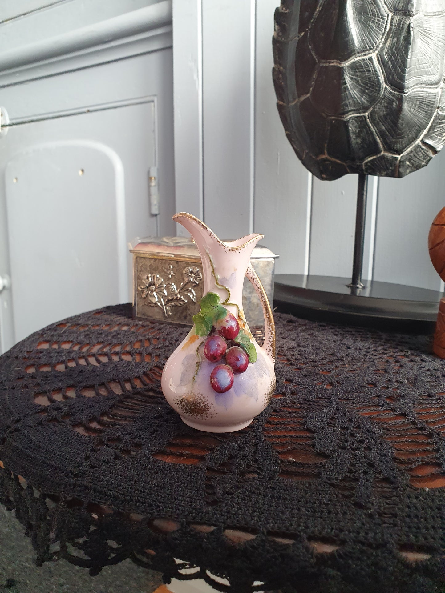 Vintage Miniature Porcelain Vase – Pink with Hand-Painted Grapes | 3D Relief Design | c.1950s
