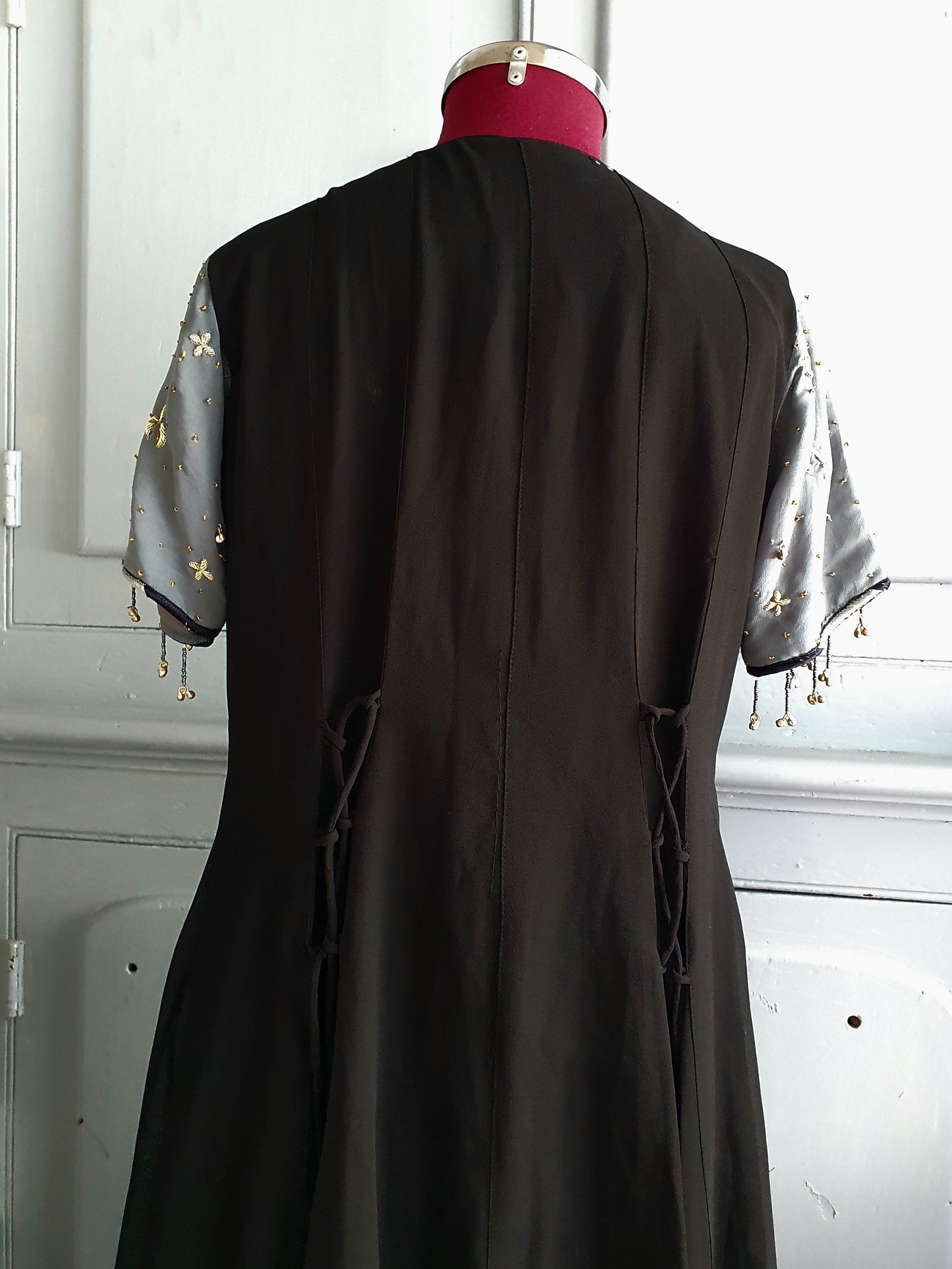 Hand-Embellished Black & Silver Maxi Dress with Bell Charms – AU 12–14