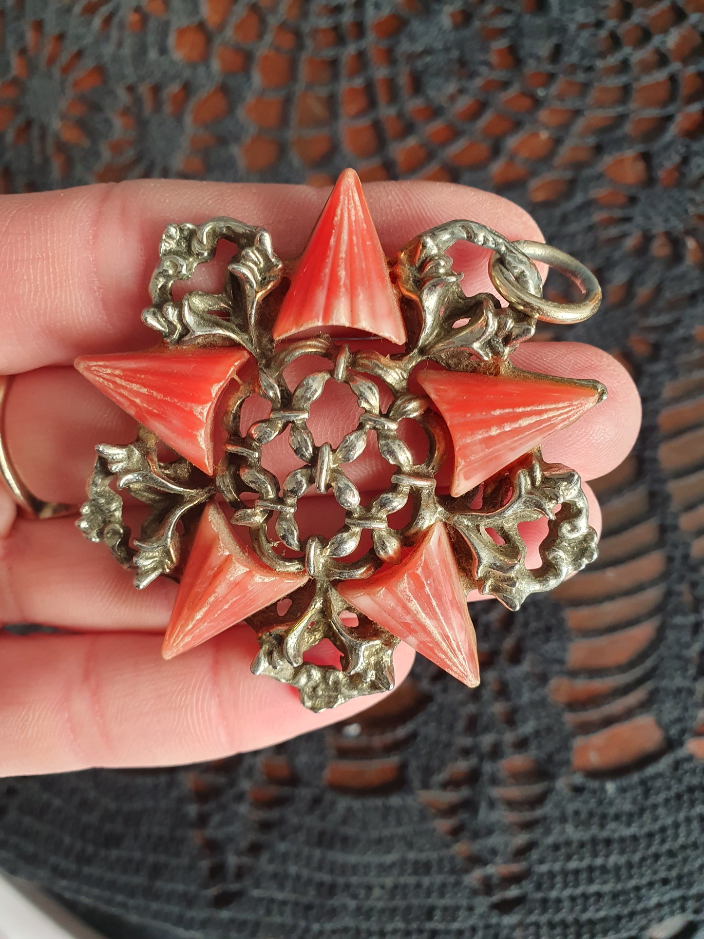 Vintage Gothic Revival Pendant – Red Celluloid & Ornate Silver-Tone Filigree | Mid-Century Costume Jewelry