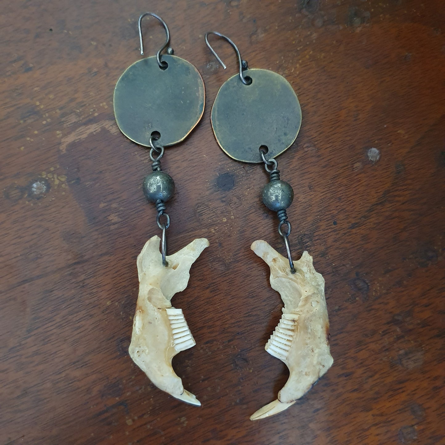 Muskrat Jawbone Sterling Silver, Brass & Hematite Earrings