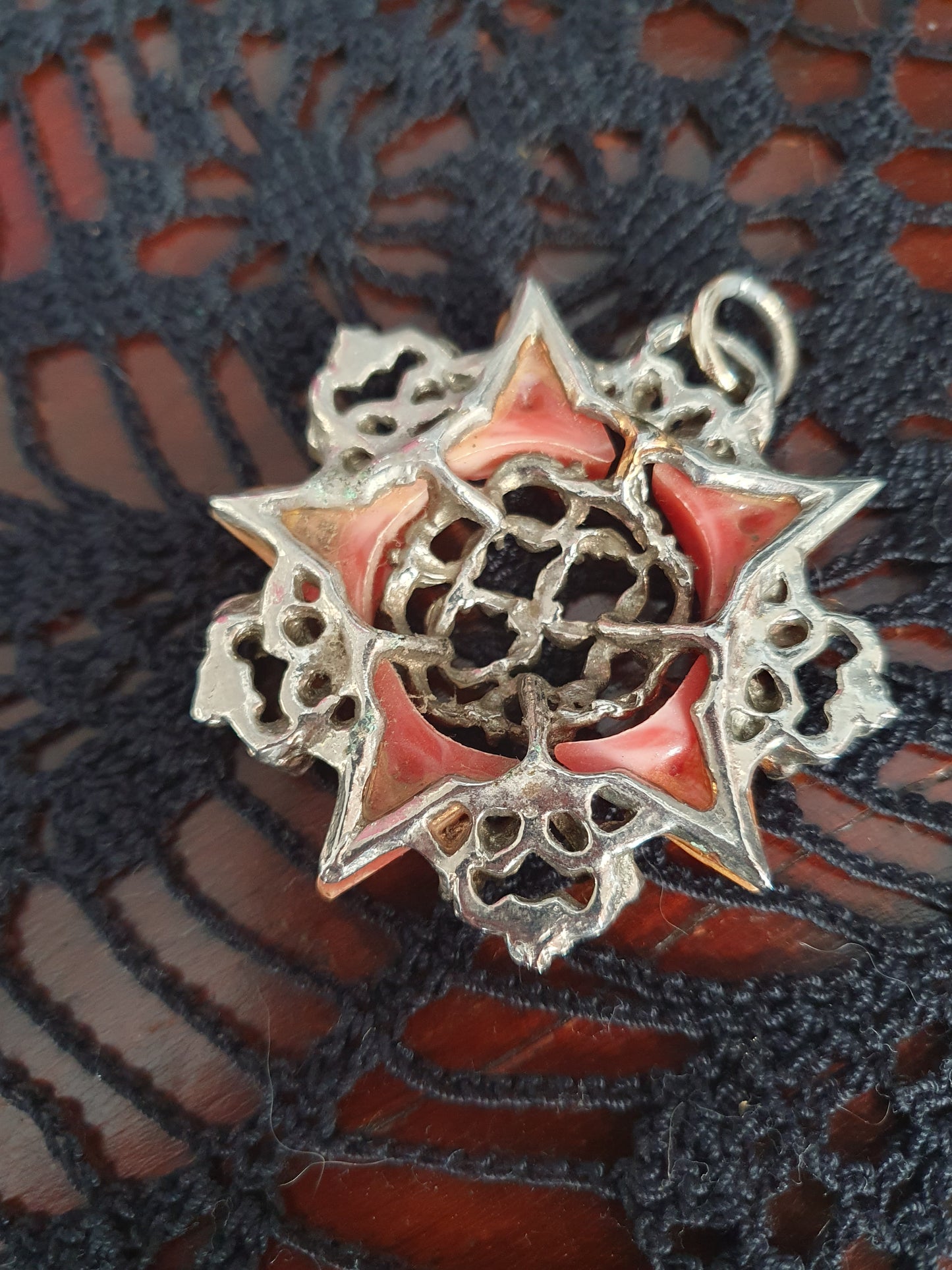 Vintage Gothic Revival Pendant – Red Celluloid & Ornate Silver-Tone Filigree | Mid-Century Costume Jewelry