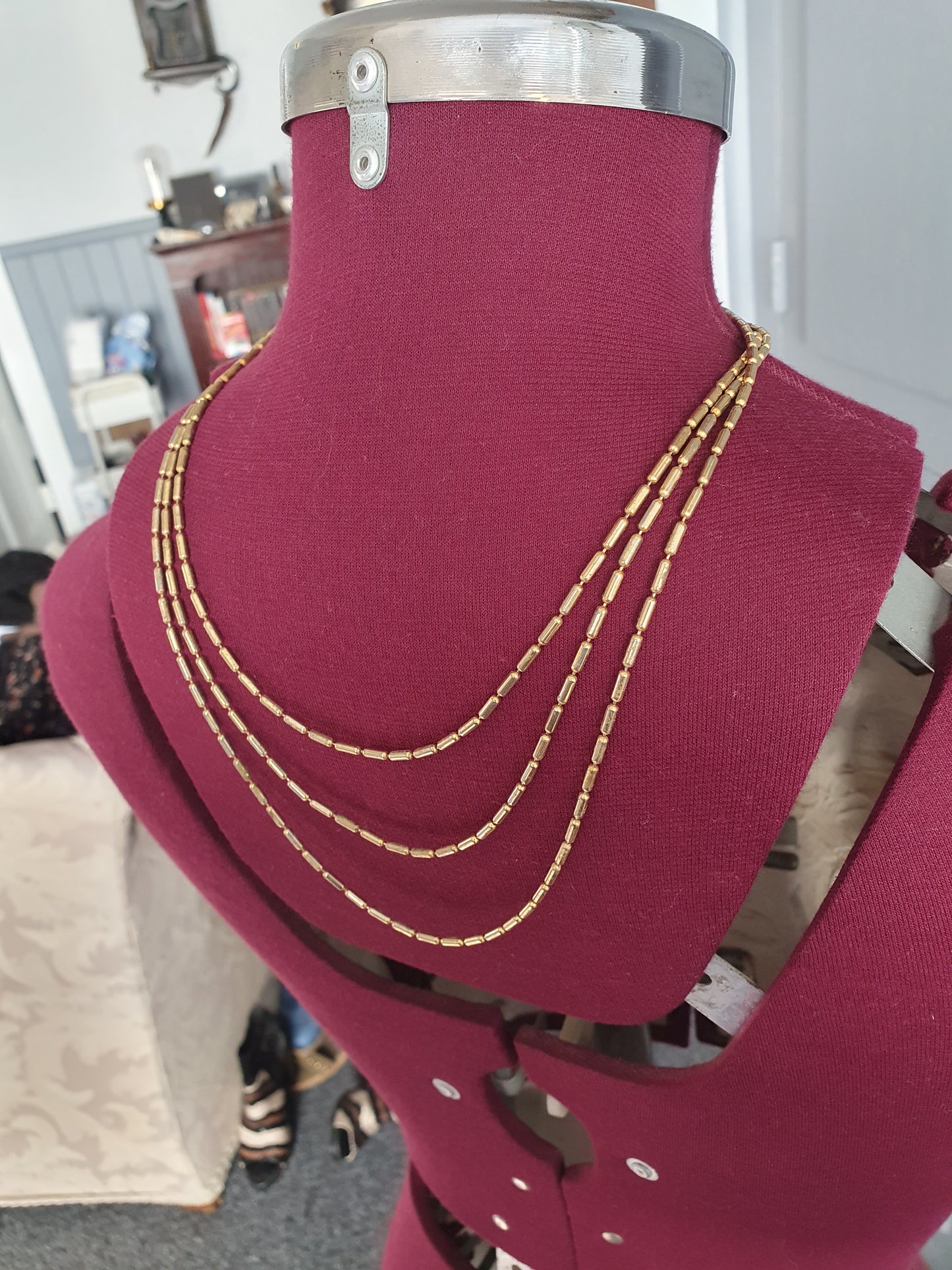 1950s Triple Strand Gold-Tone Necklace – Vintage Layered Beads