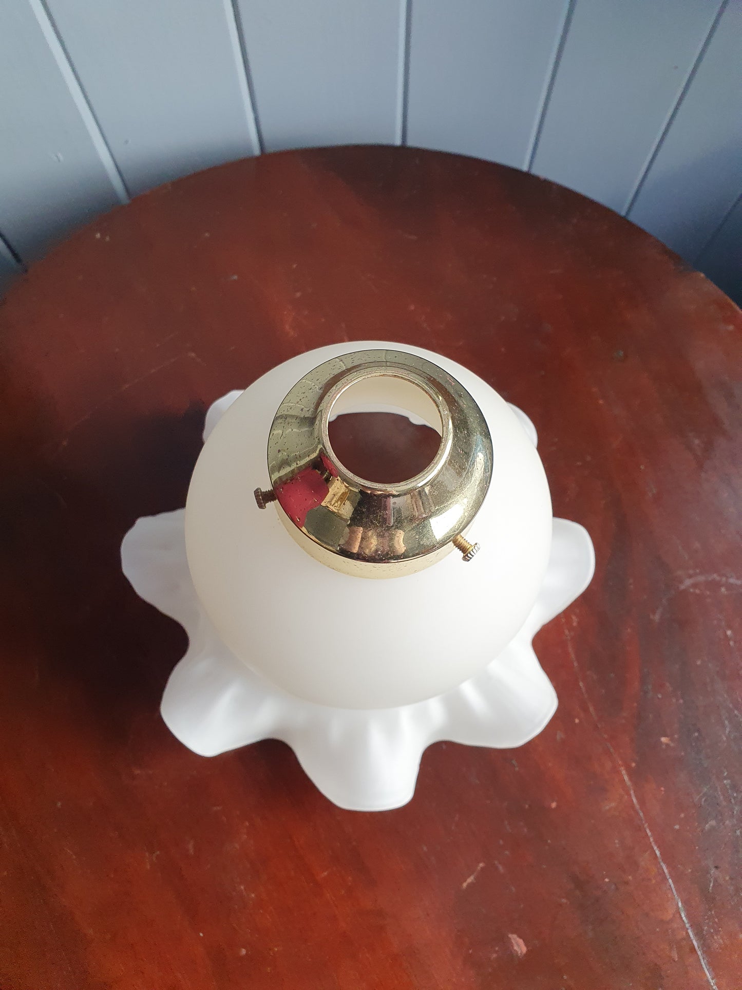 Vintage Ruffled Glass Lamp Shade Pair – 1980s Matte White with Brass Fittings