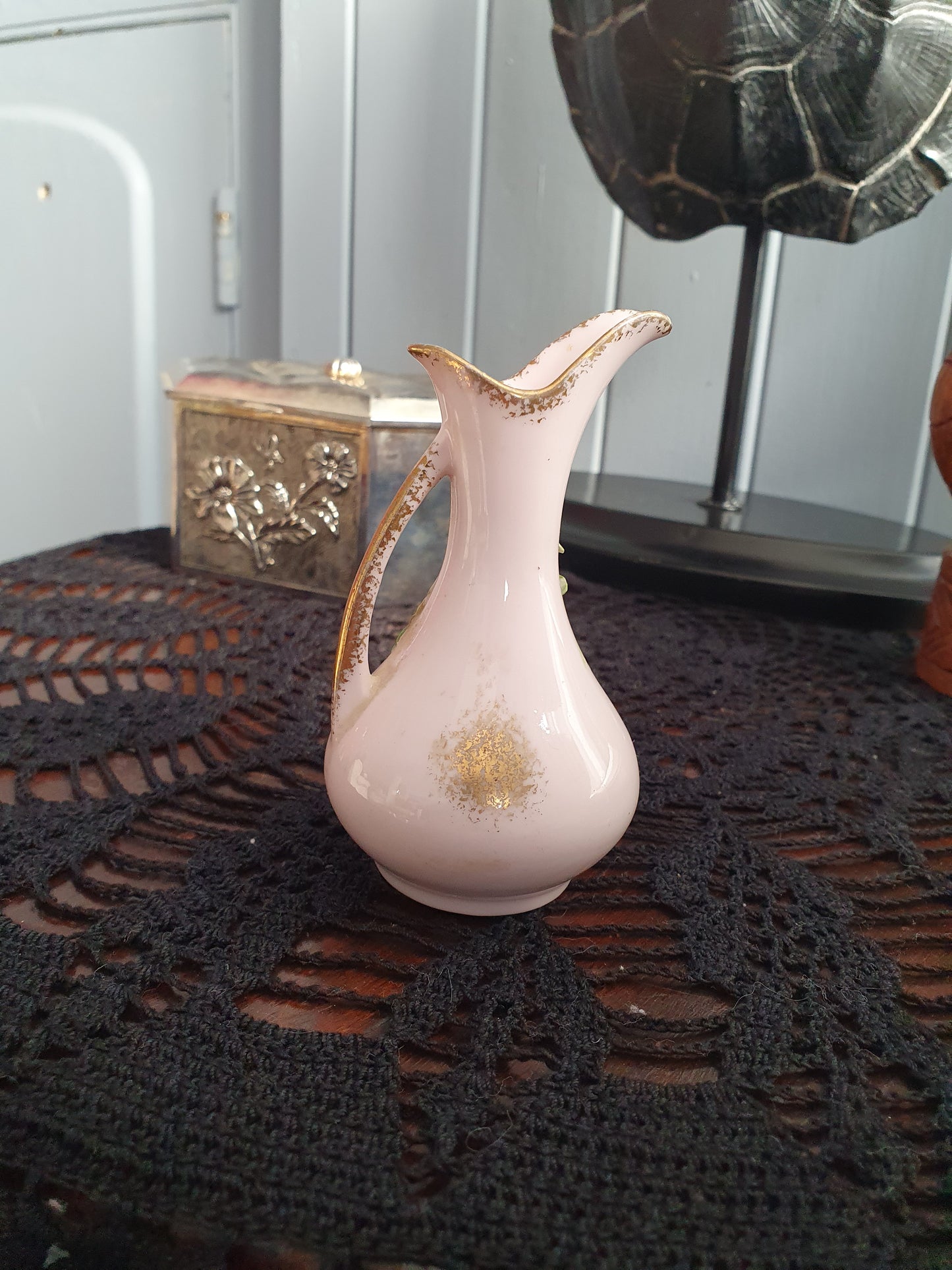 Vintage Miniature Porcelain Vase – Pink with Hand-Painted Grapes | 3D Relief Design | c.1950s