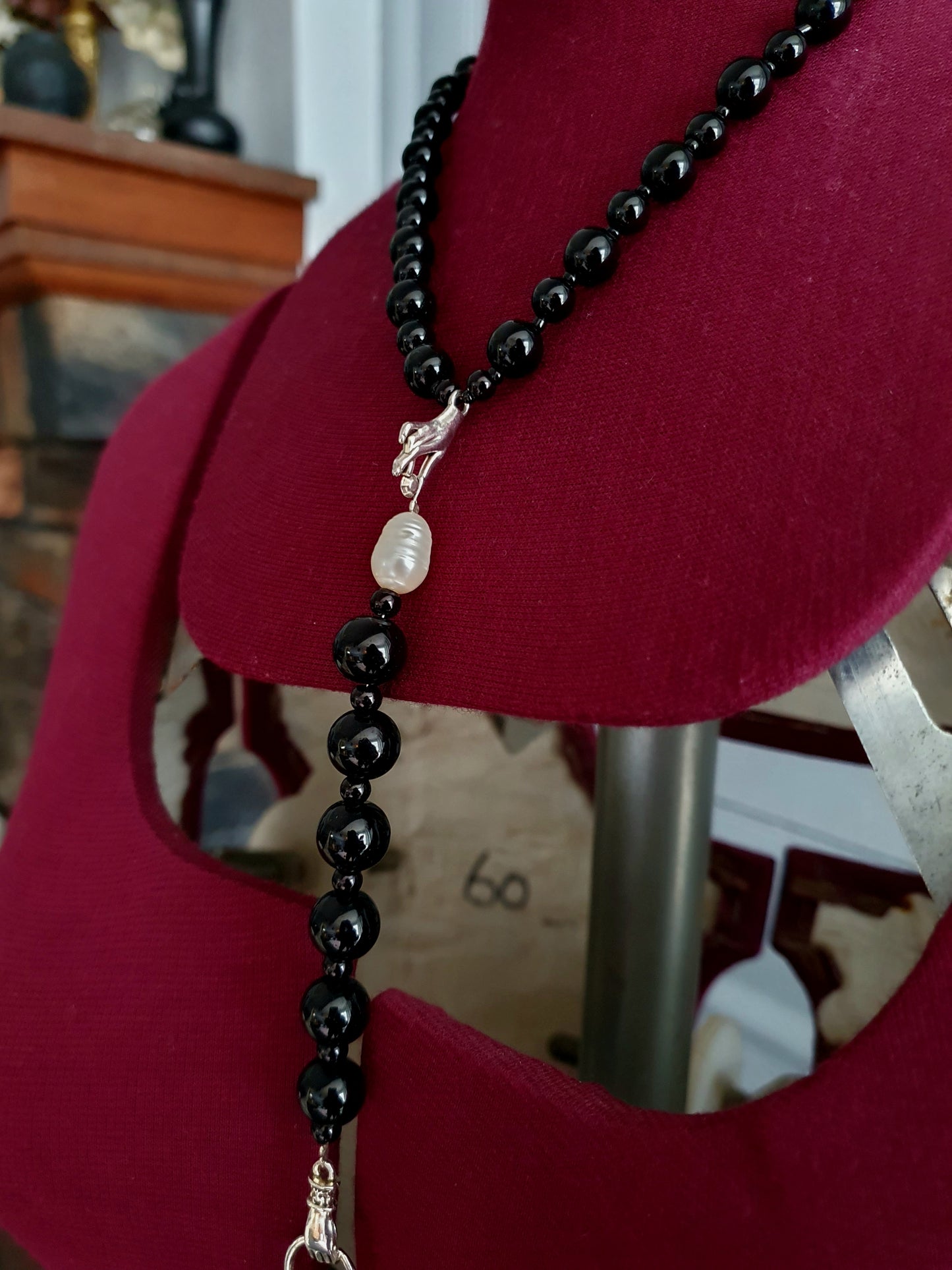 Sterling Silver, Freshwater Pearls & Black Seashell beaded necklace.