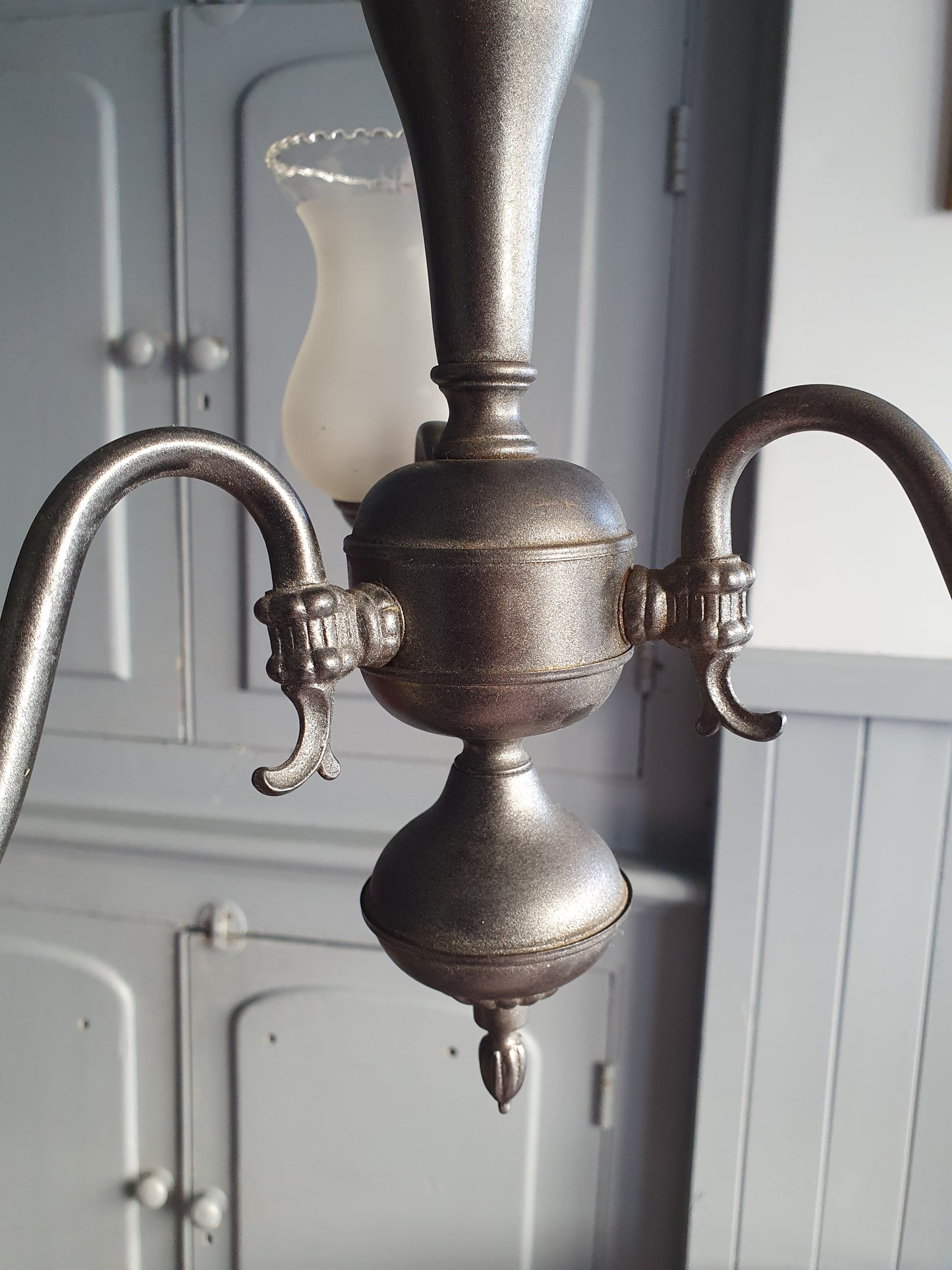 Vintage 3-Arm Brass Chandelier with Pewter Finish & Frosted Tulip Shades – Colonial Revival (60cm Drop)