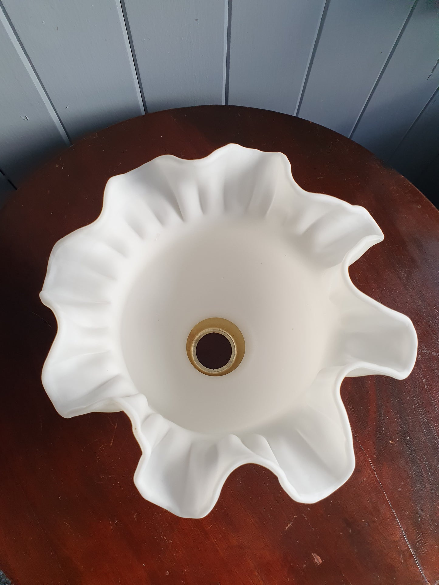 Vintage Ruffled Glass Lamp Shade Pair – 1980s Matte White with Brass Fittings