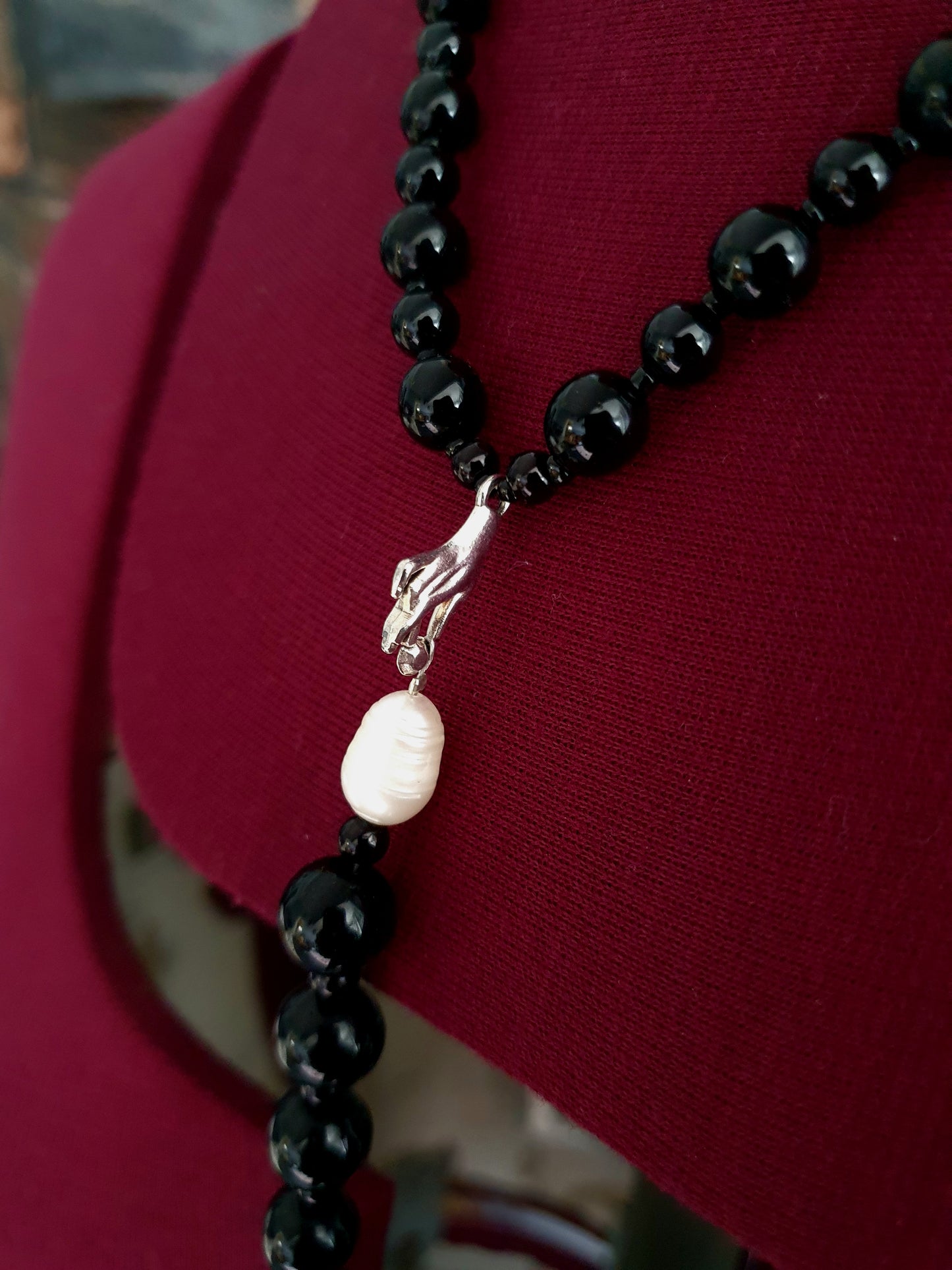 Sterling Silver, Freshwater Pearls & Black Seashell beaded necklace.