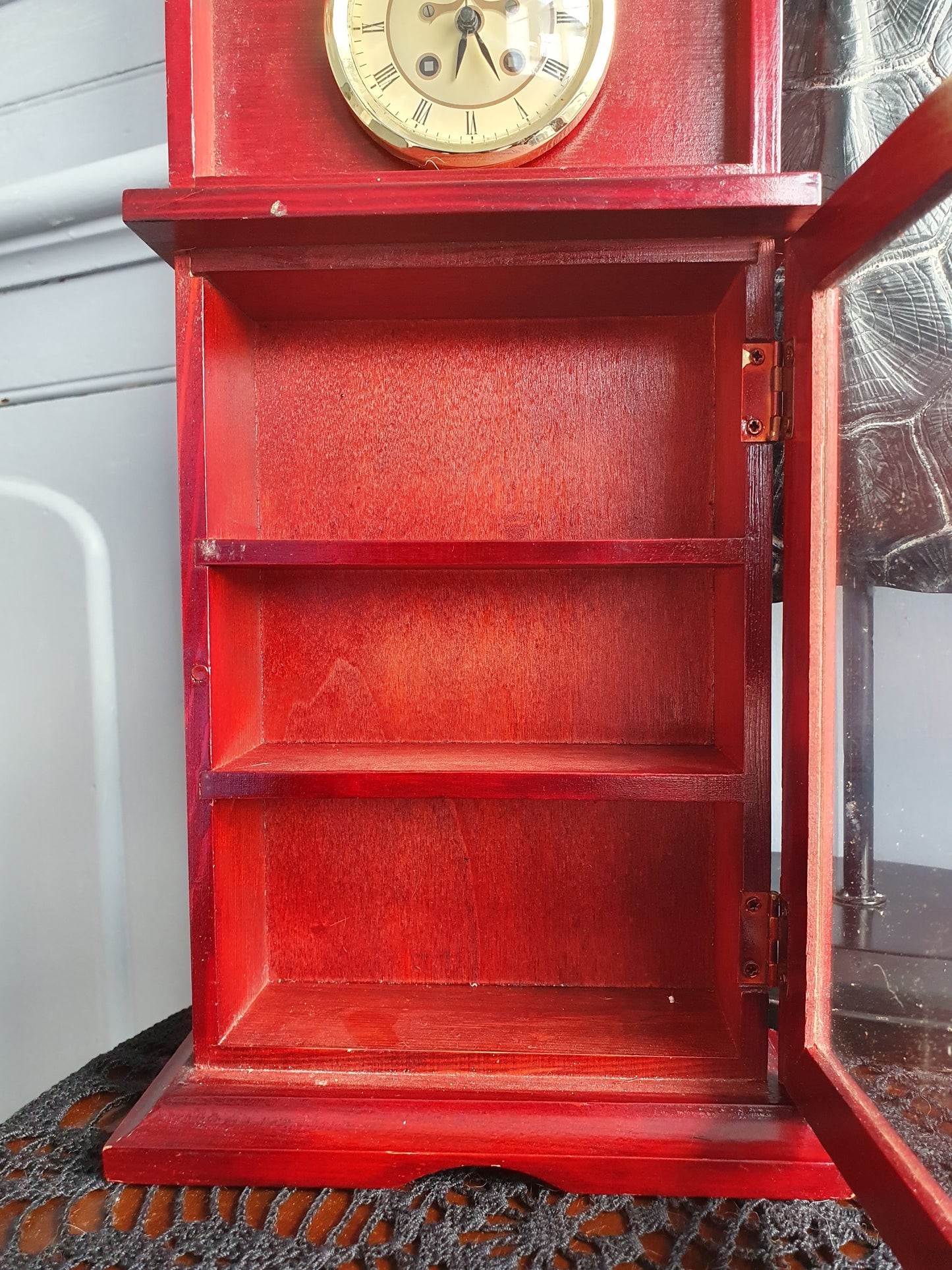 Miniature Grandfather Clock Display Cabinet – Faux Clock Tea Chest | Curiosity Shelf | Red Mahogany Finish