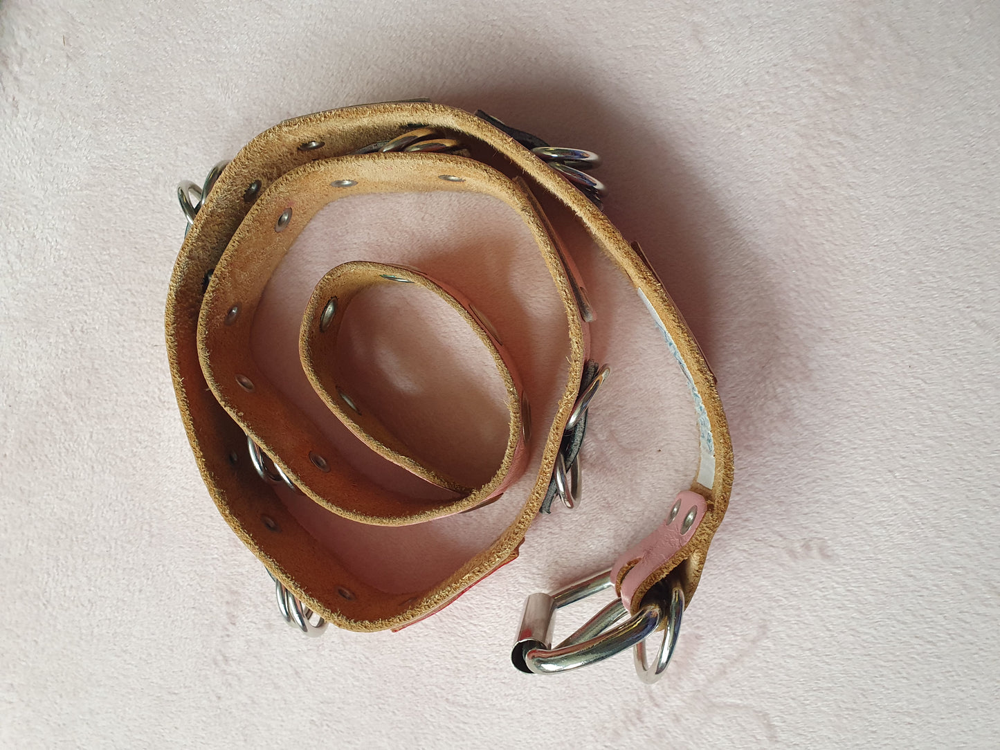Vintage 80s Pink Leather Grommet Belt – Made in Australia (XS–S)