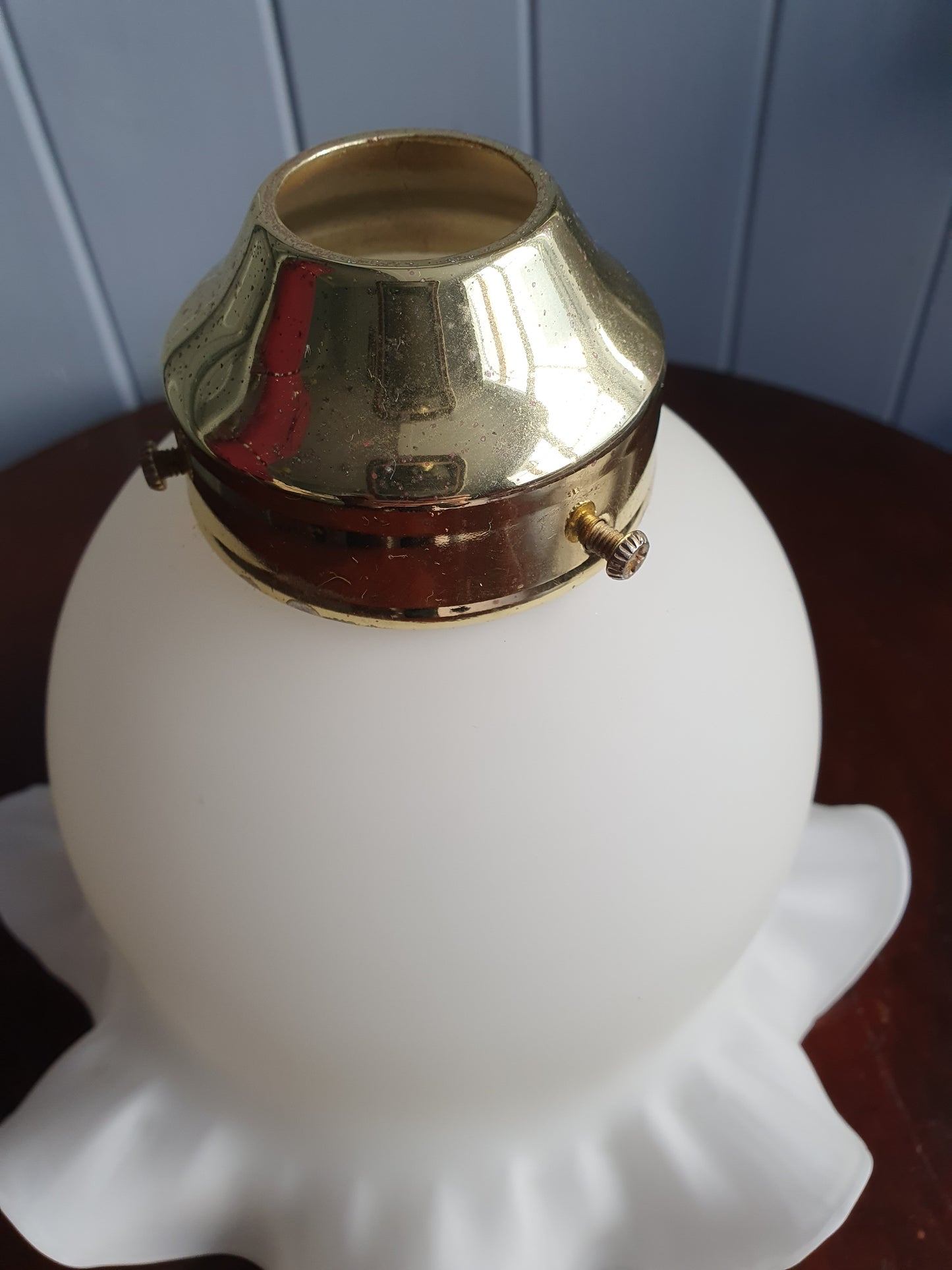 Vintage Ruffled Glass Lamp Shade Pair – 1980s Matte White with Brass Fittings