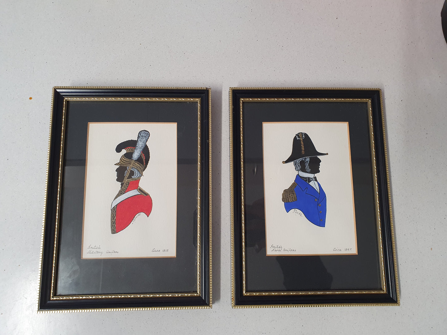Pair of Original Hand-Painted Silhouettes – British Military & Naval Uniforms c.1815-1863 by Phyllis Arnold