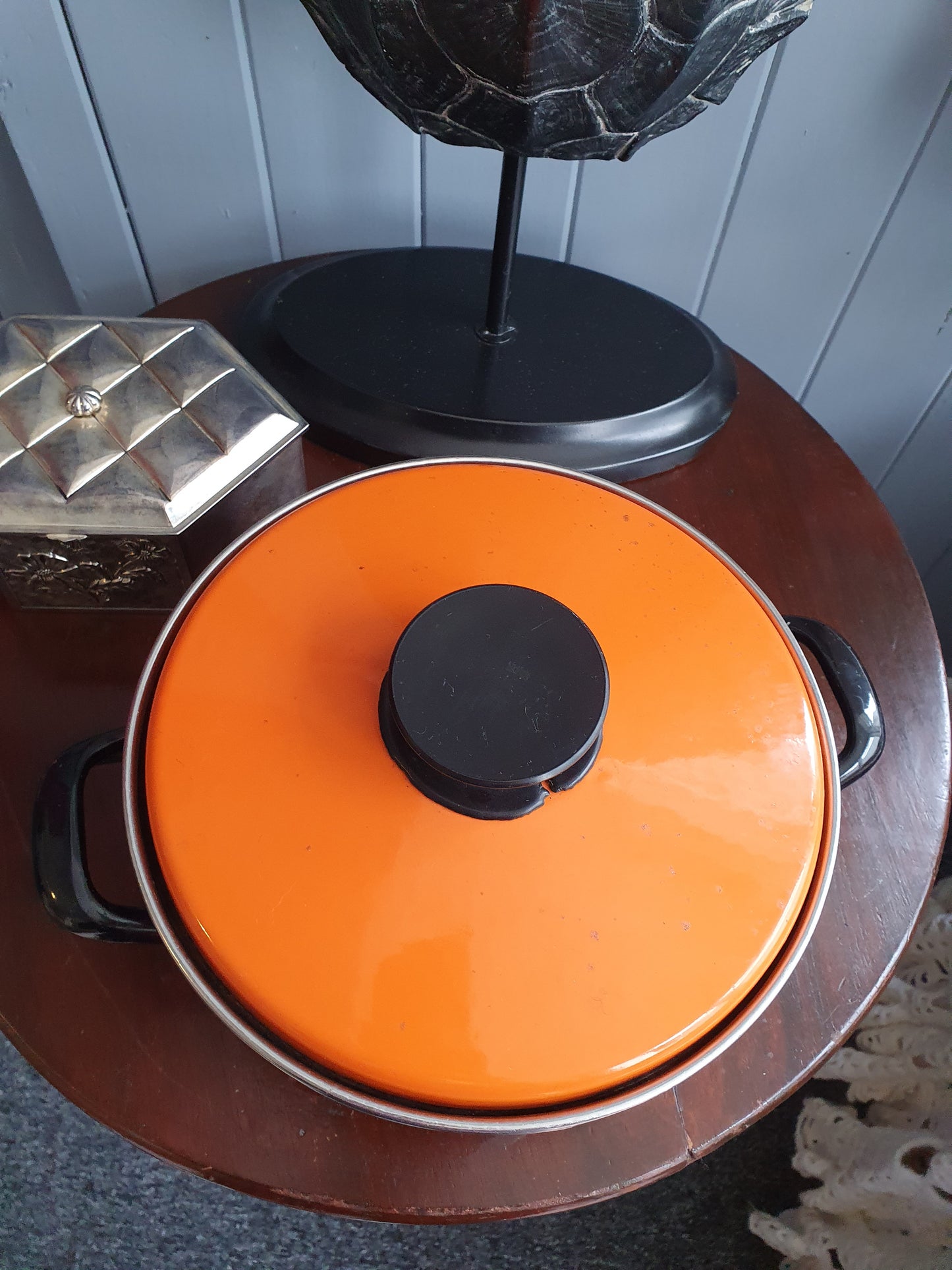Vintage 1970s Enamel Flower Pot – Retro Black & Orange Dutch Oven