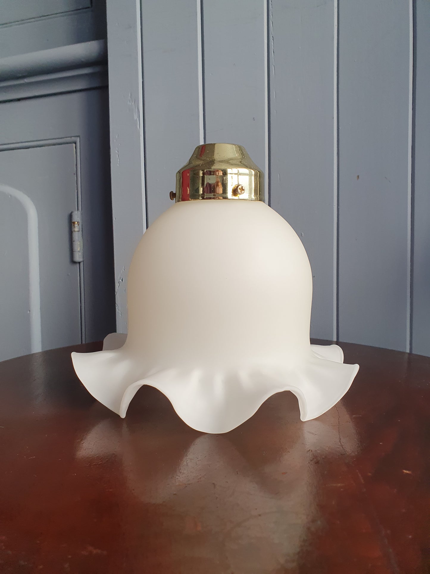 Vintage Ruffled Glass Lamp Shade Pair – 1980s Matte White with Brass Fittings